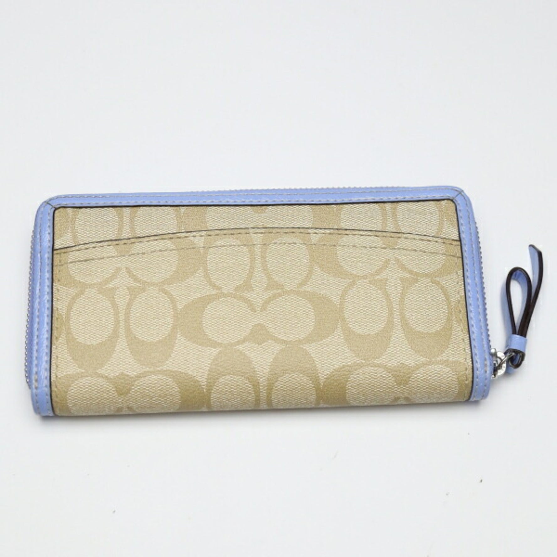 COACH Round Zipper Long Wallet PVC External Pocket Beige x Light Blue