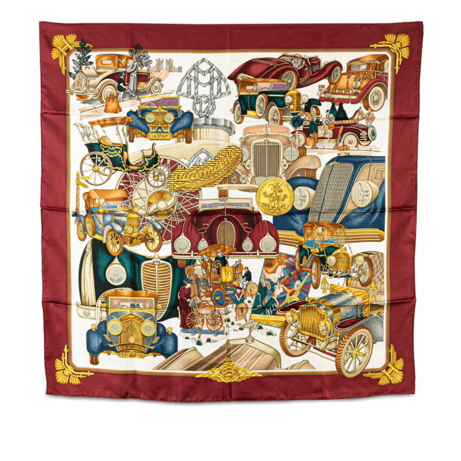 Hermes Carre 90 ST. CHRISTOPHE ET L’ENFANT JESUS Automobile Scarf Muffler Wine Red White Multicolor Silk