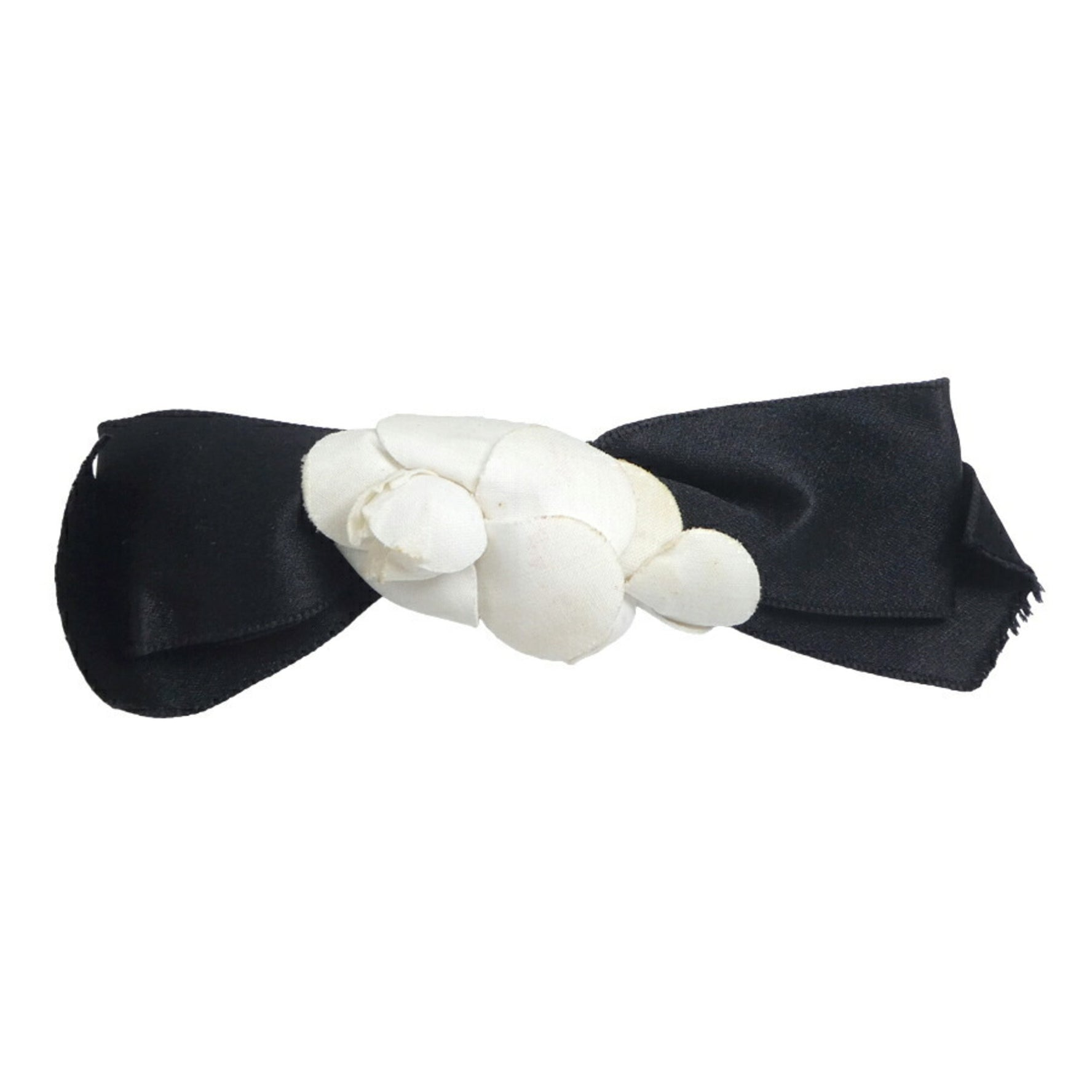 CHANEL Barrette Camellia Ribbon Textile Satin Off-White Black