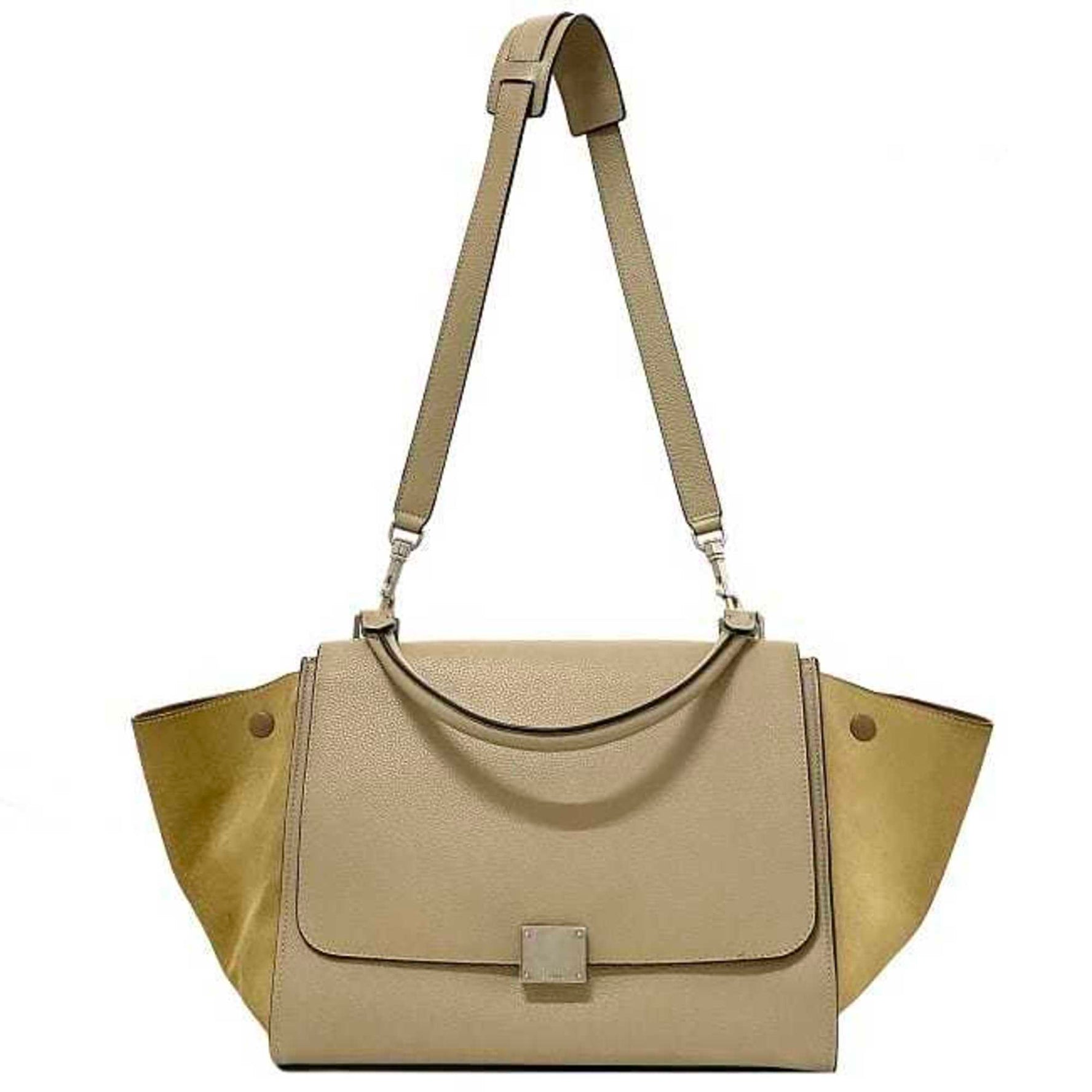 Celine bag trapeze gray beige leather suede handbag shoulder flap turn lock ladies