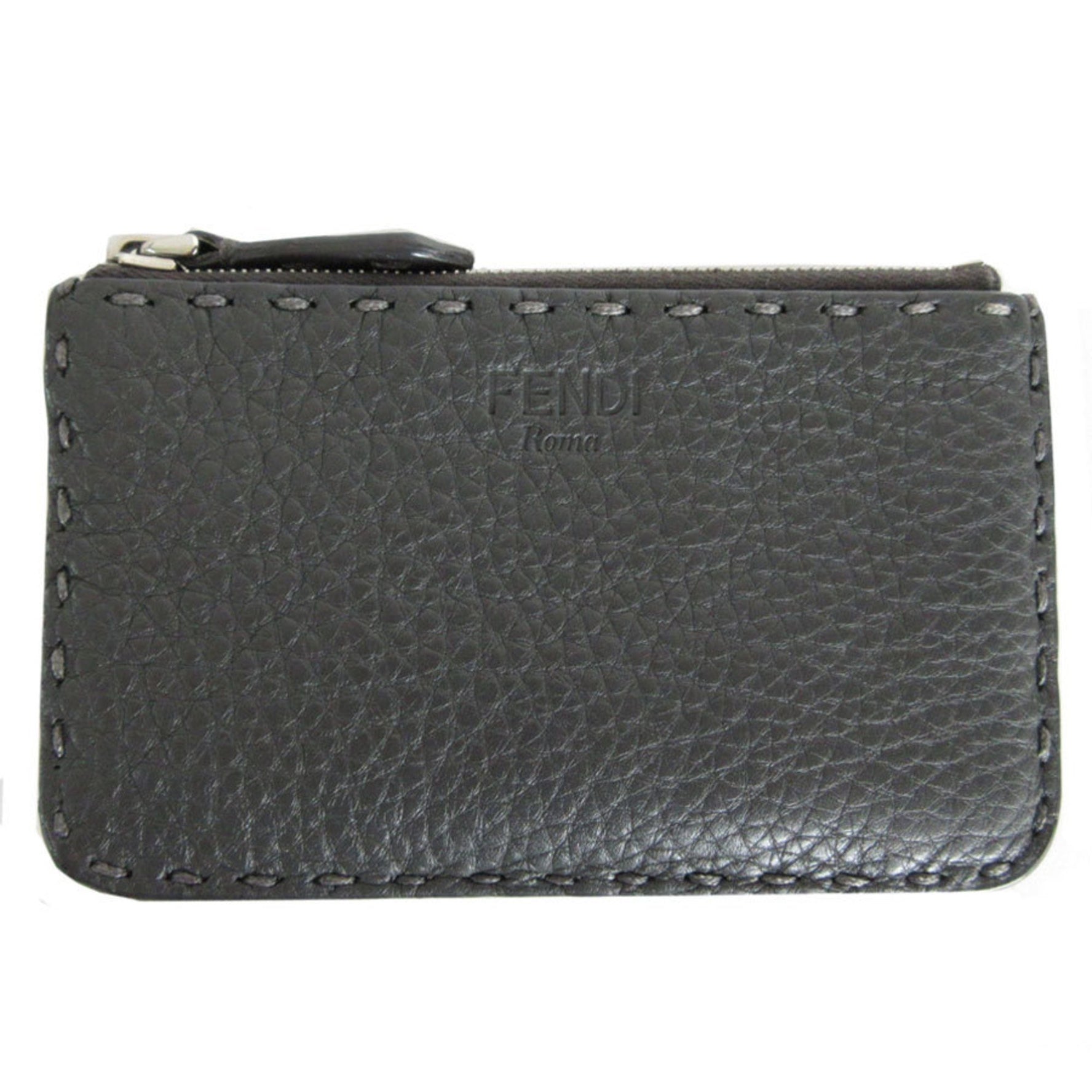 FENDI Wallet/Coin Case Selleria Leather Grey Silver