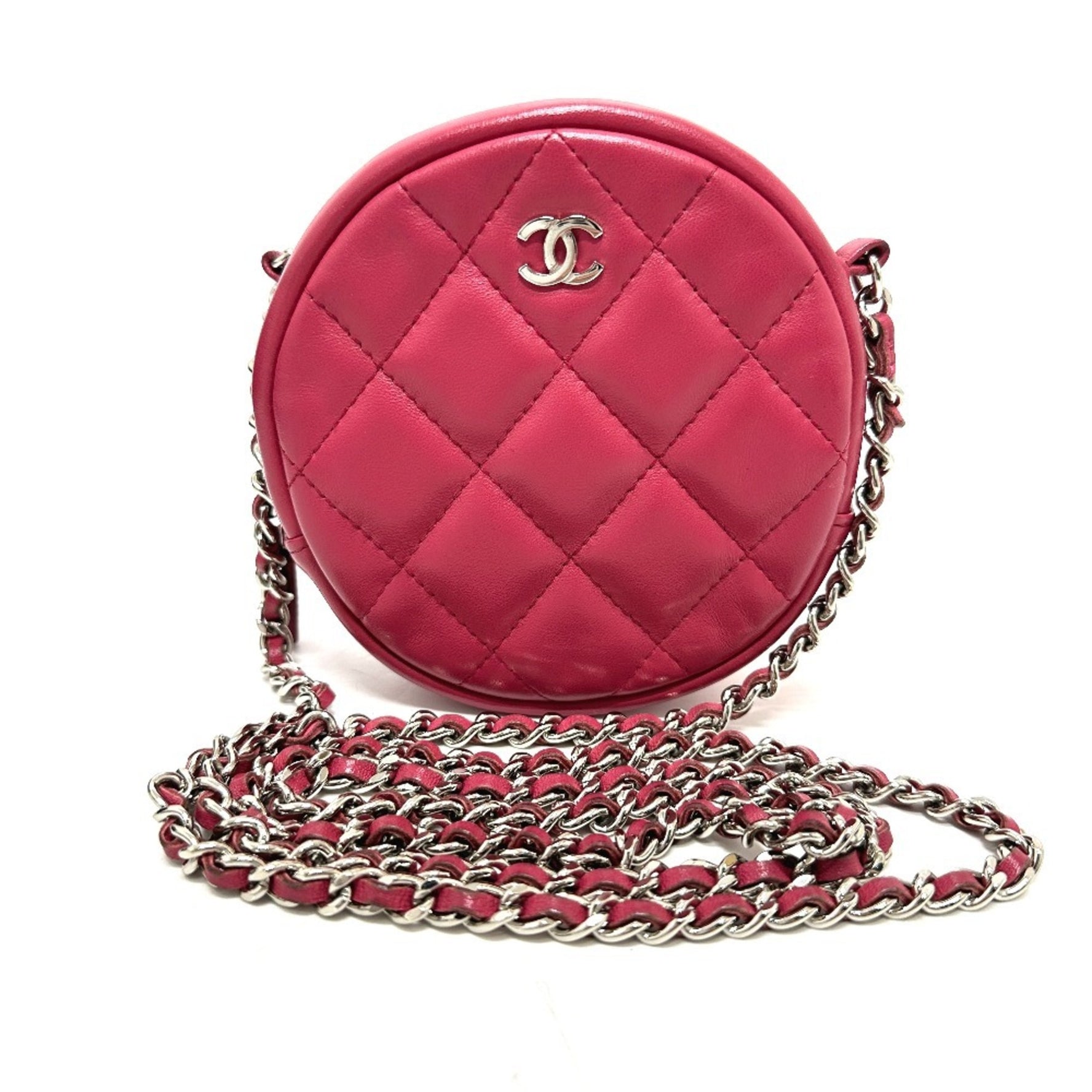 CHANEL Coco Mark Round Chain Shoulder Bag Lambskin Beige