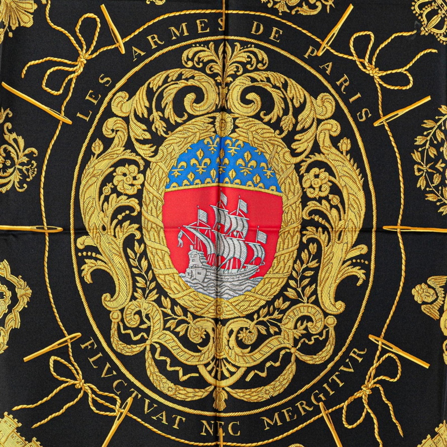 Hermès Carré 90 "Les Armes de Paris" Paris Coat of Arms Scarf, Black, Beige, Multicolor, Silk, HERMES