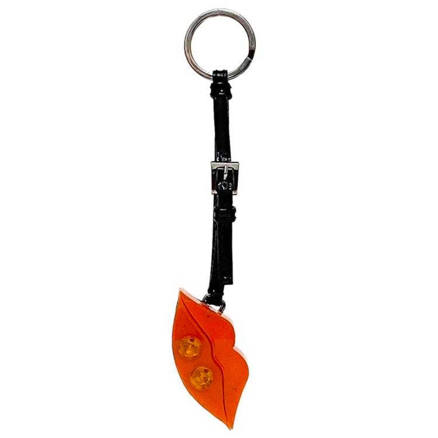 Prada Keychain Orange Silver Black Plastic Metal Patent Leather Lip Charm Keyring Box Bag