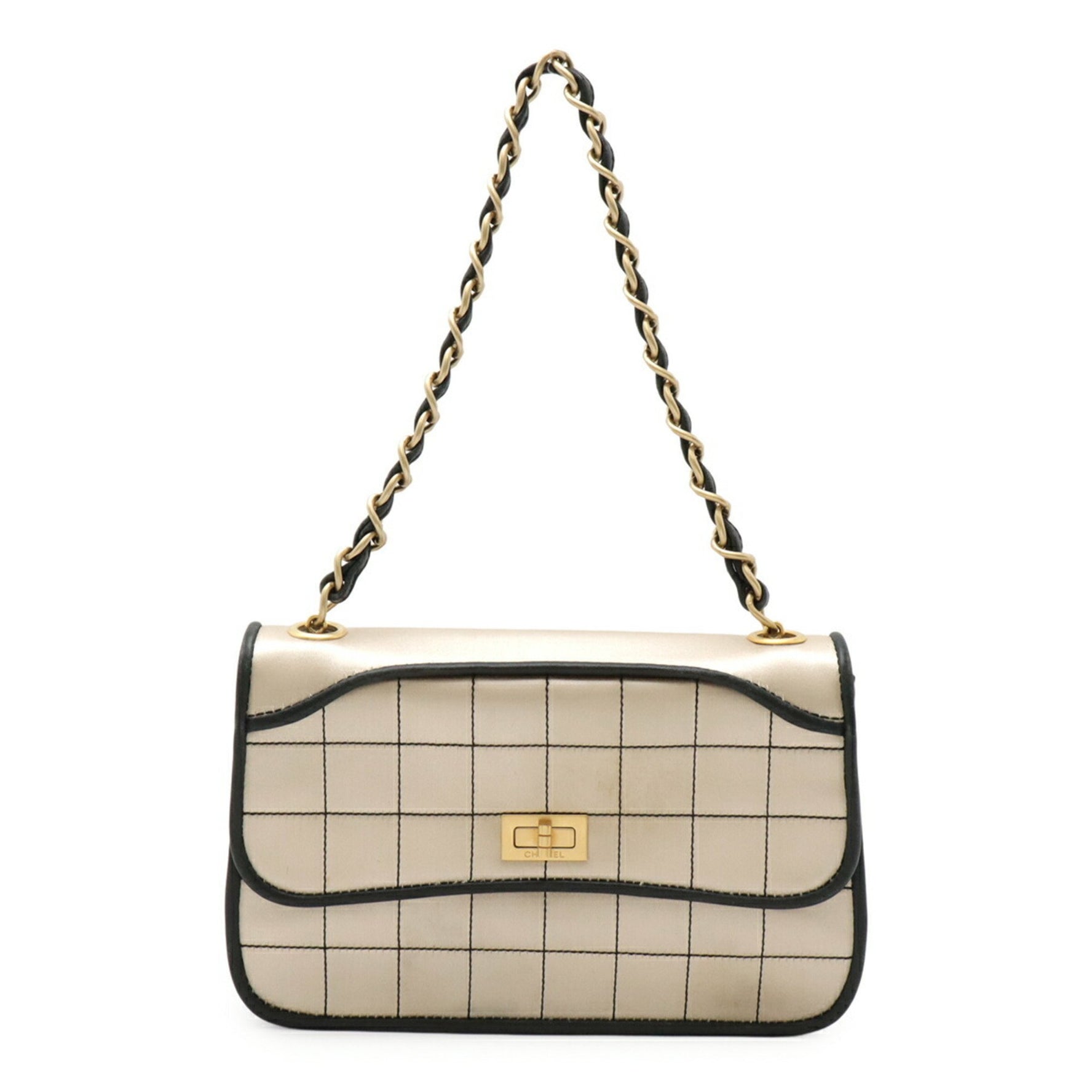CHANEL 2.55 Matelasse Chain Bag Shoulder Satin Leather Champagne Gold Black