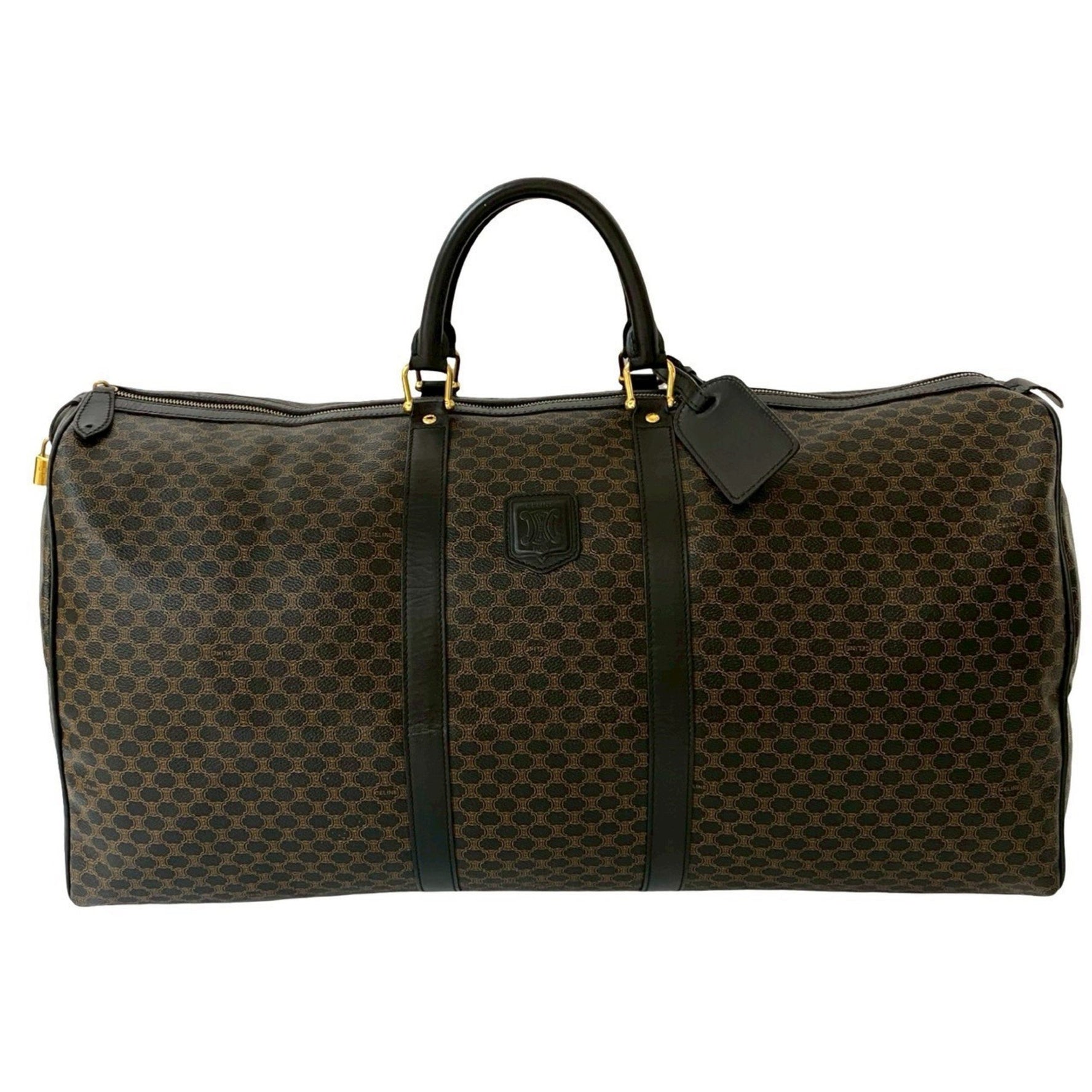 CELINE Macadam Blason with Triomphe Logo and Genuine Leather Boston Bag in Brown Black