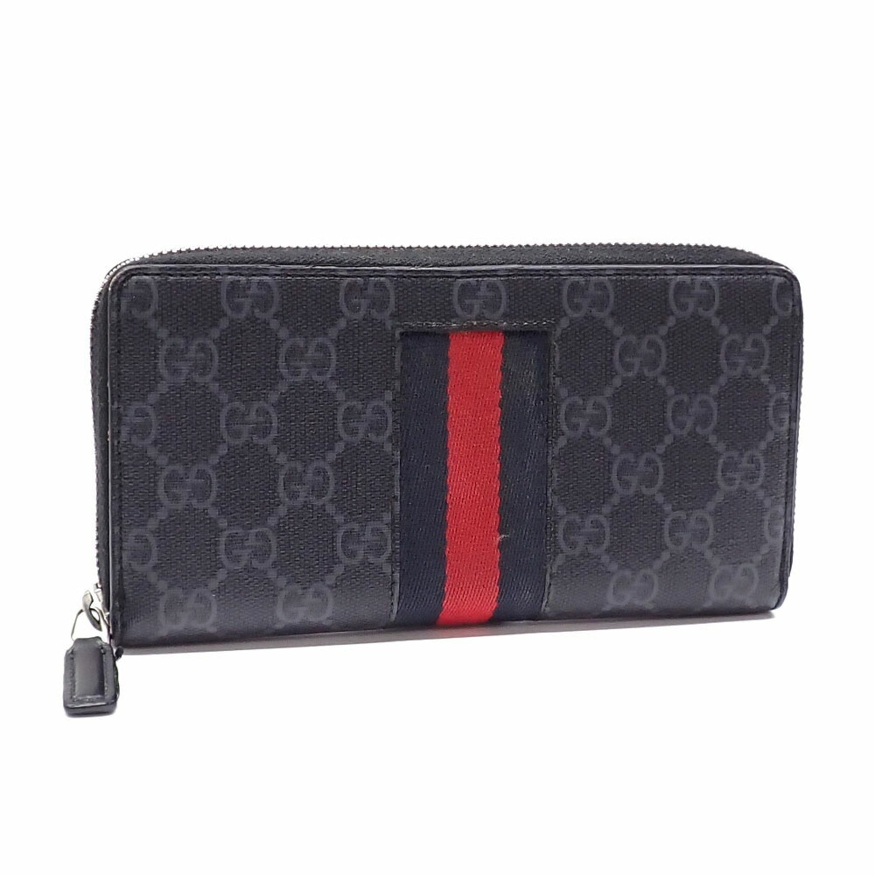 Gucci GG Supreme Round Long Wallet Black and Gray PVC Leather