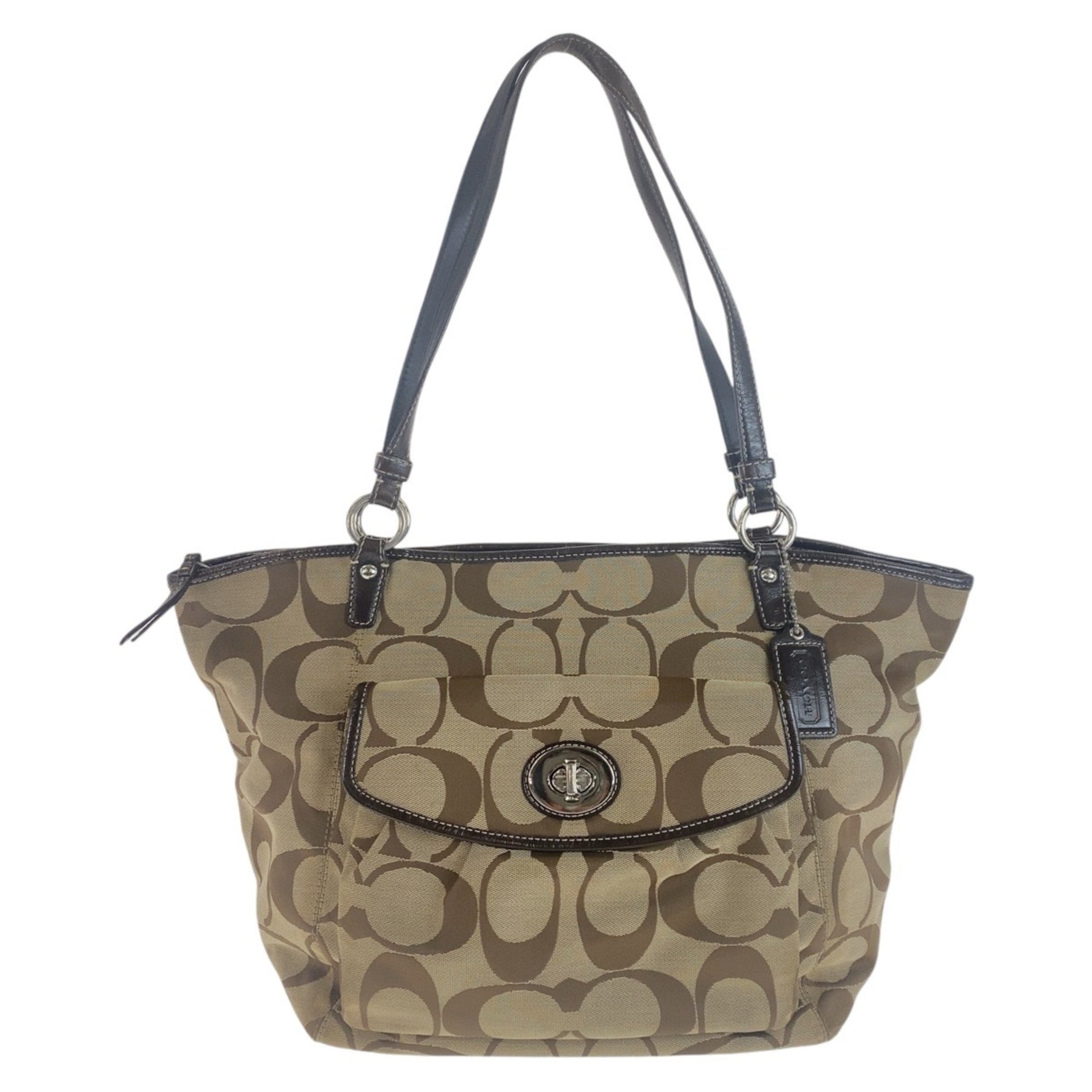 COACH Signature Brown Beige Silver Hardware Canvas Leather Tote Bag Shoulder