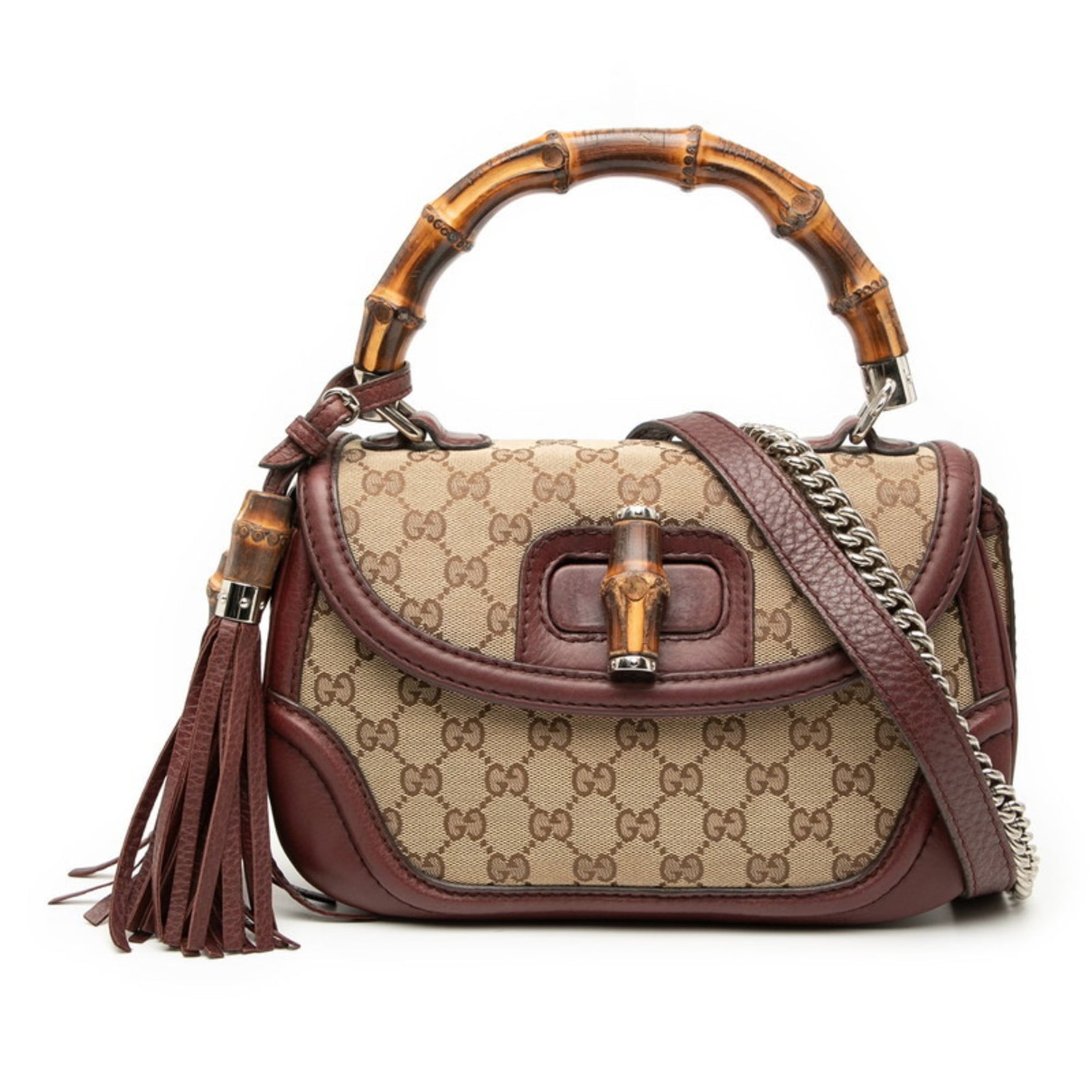 Gucci GG Canvas Bamboo Handbag with Chain and Shoulder Strap, Beige/Bordeaux Leather