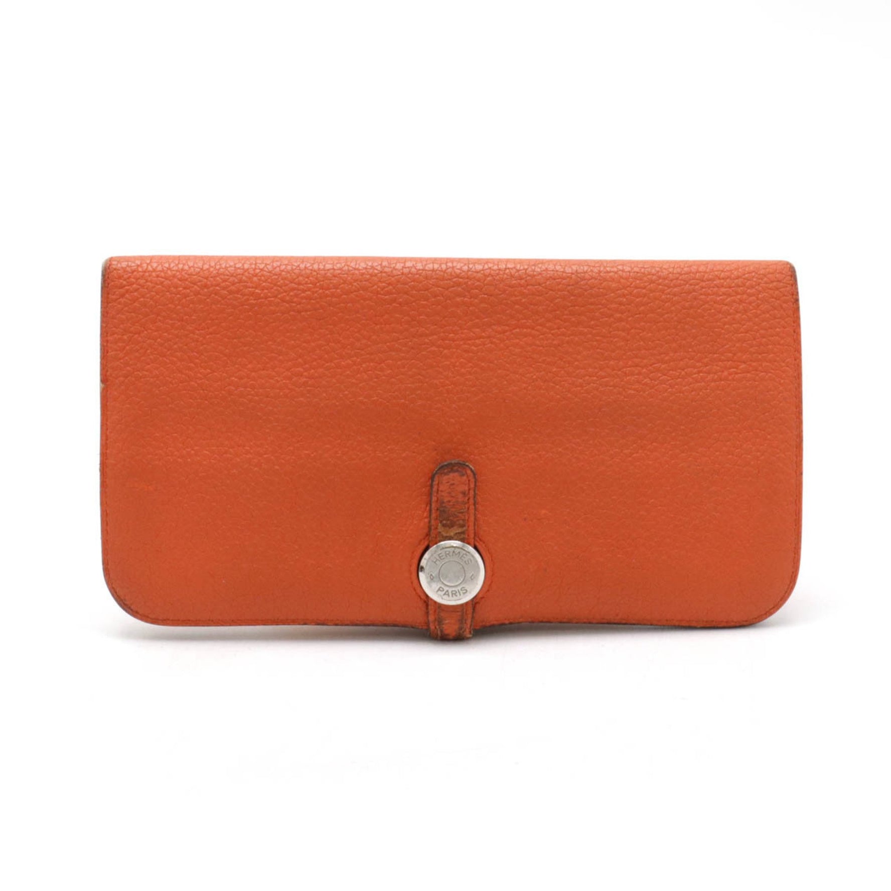 HERMES Dogon Recto Verso Long Bi-fold Wallet Leather Bi-color Orange Salmon Pink X Engraved