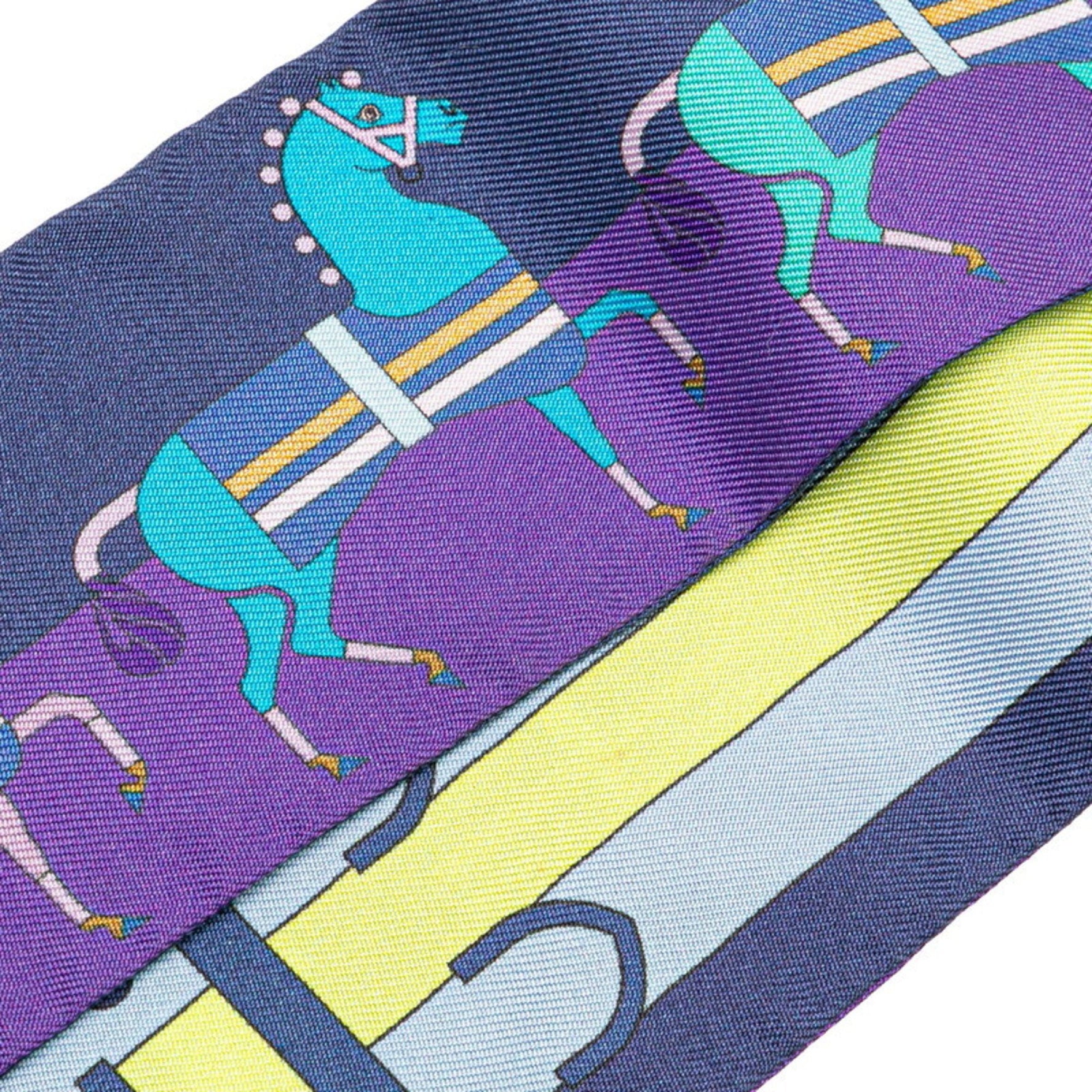 Hermes Hermès Twilly Rocabar Horse Print Scarf/Muffler in Purple, Navy, and Multicolor Silk