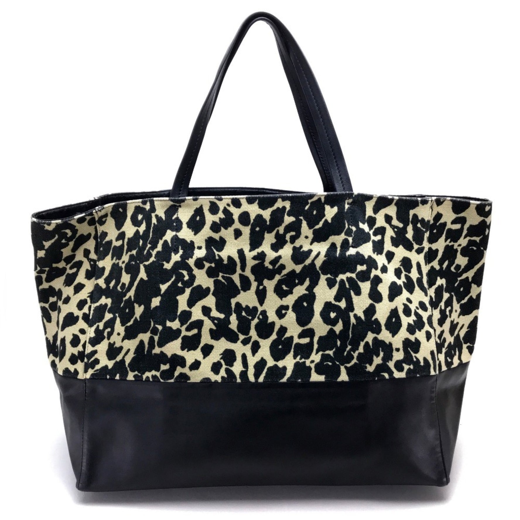 CELINE Leopard Horizontal Cabas Tote Bag Canvas Leather Black x Beige