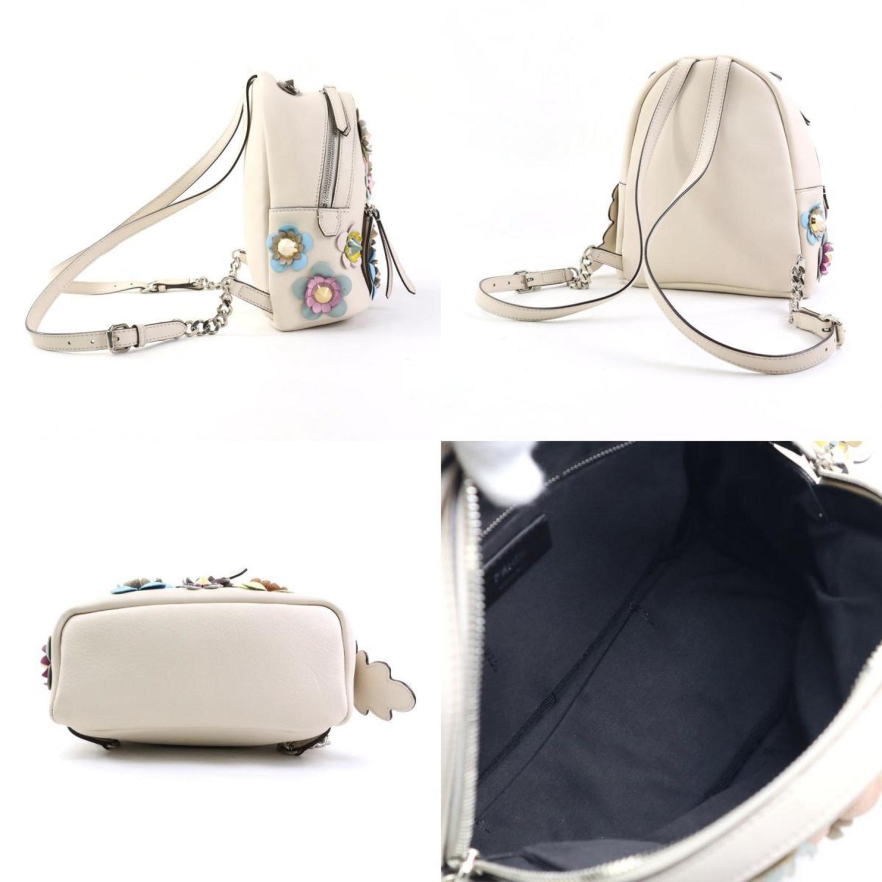 FENDI Backpack Leather Light Beige Multicolor Silver