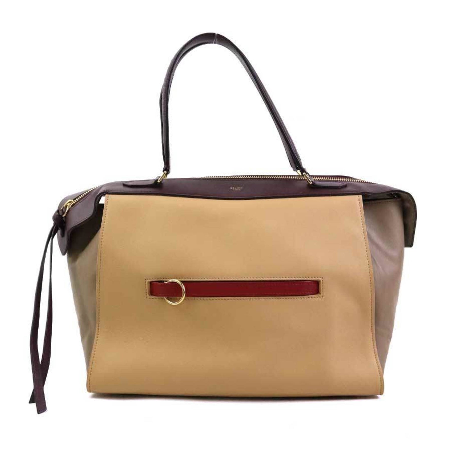 Celine Small Ring Handbag in Beige and Wine Red Leather
