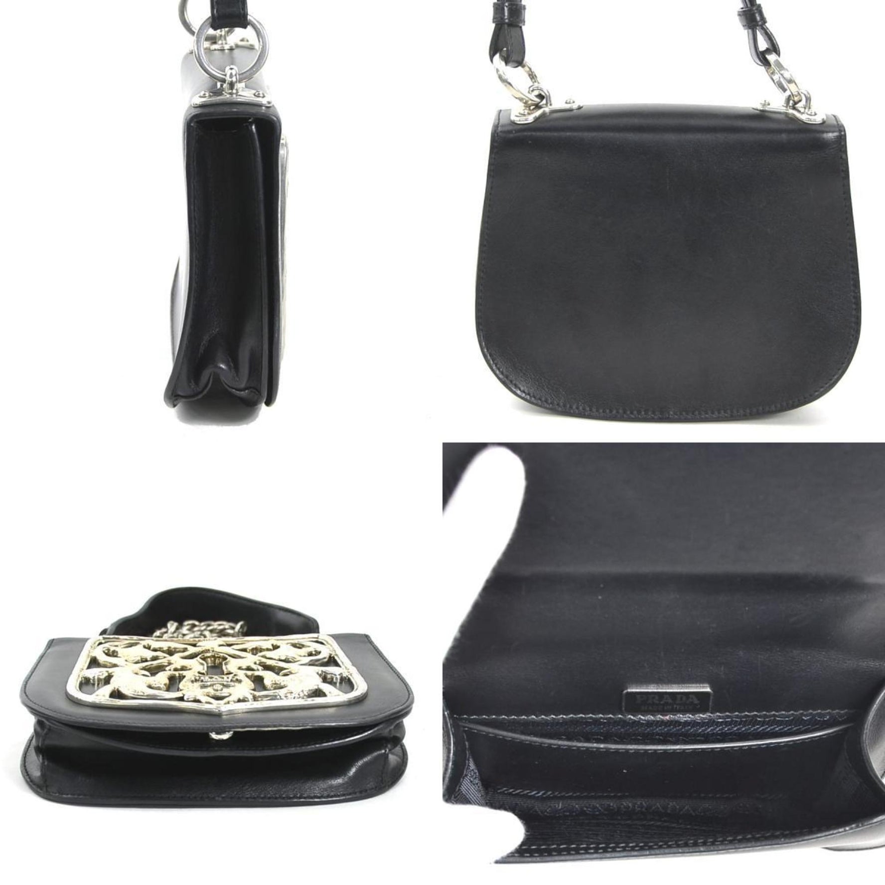 PRADA Shoulder Bag Leather Metal Silver
