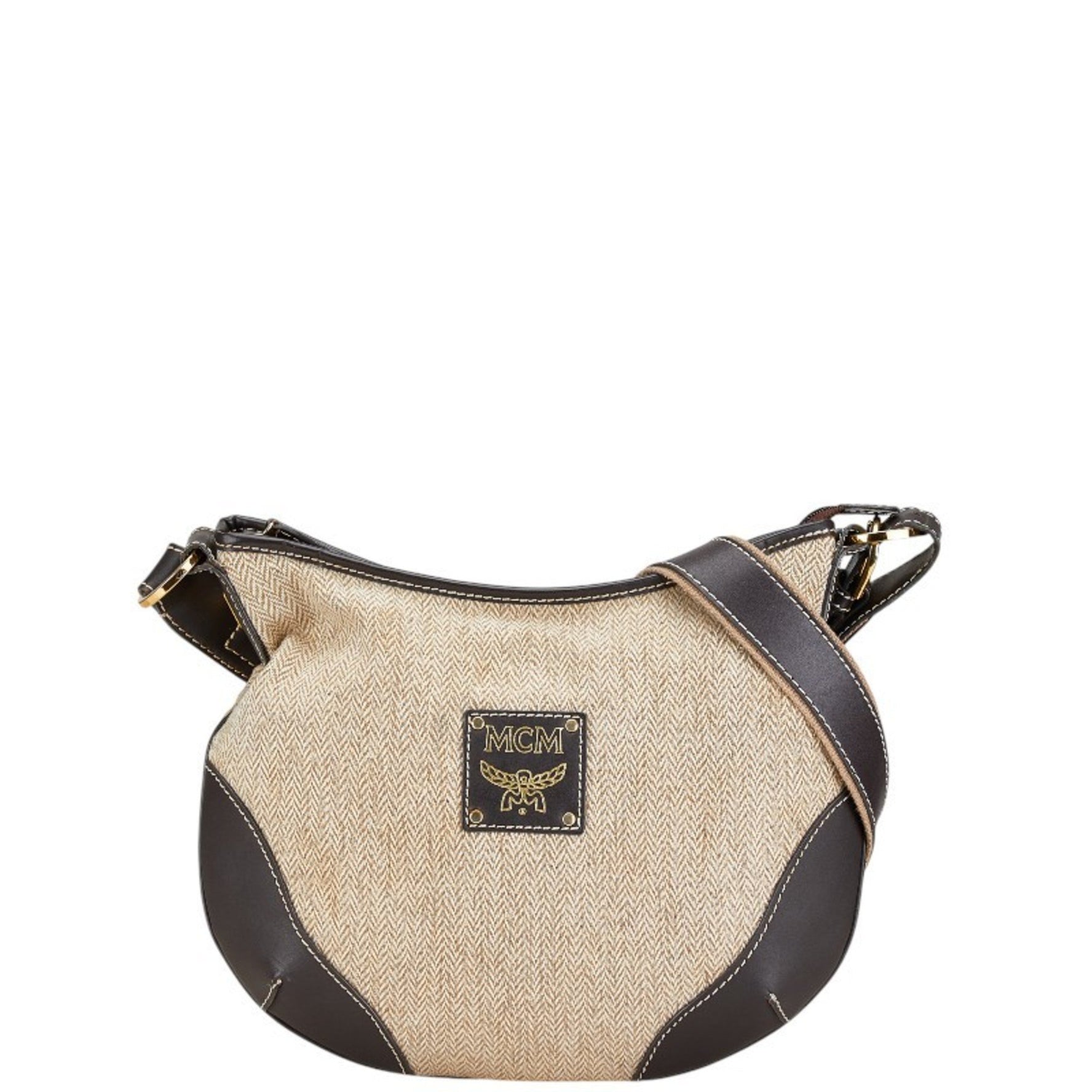 MCM Shoulder Bag Beige Brown Canvas Leather