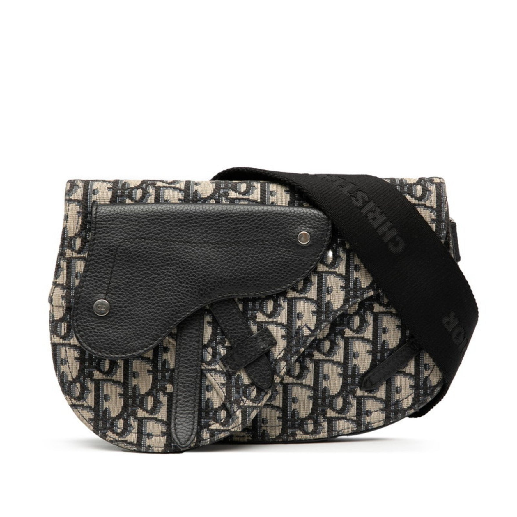 Christian Dior Dior Oblique Saddle Body Bag, Waist Shoulder Navy, Beige Canvas, Leather