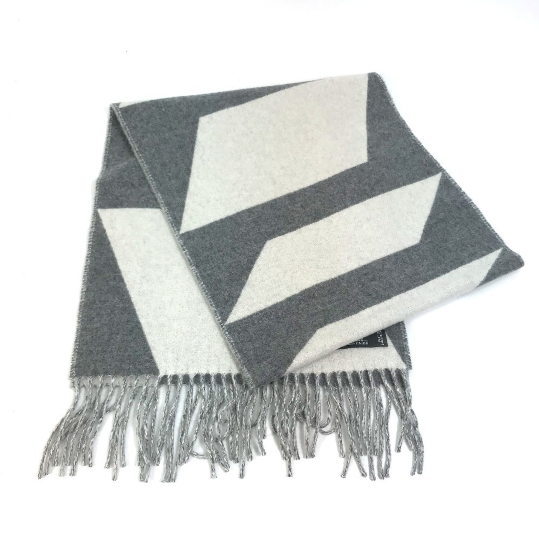 HERMES Kazak Optic Fringe Two-Tone Cashmere Scarf Gray and White