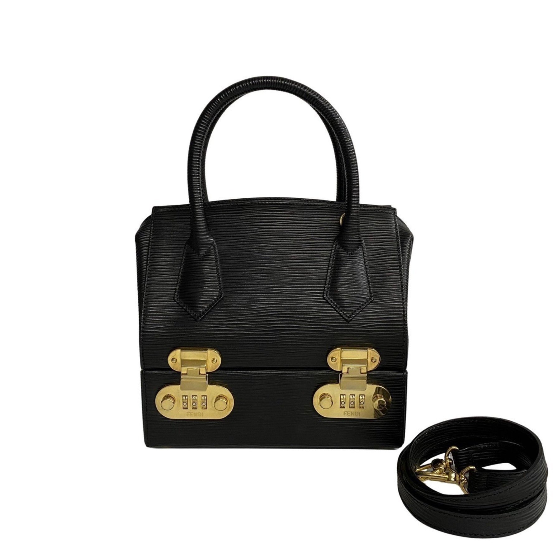 FENDI Logo Metal Fittings Epi Leather Genuine Handbag Vanity Bag Makeup Box Shoulder