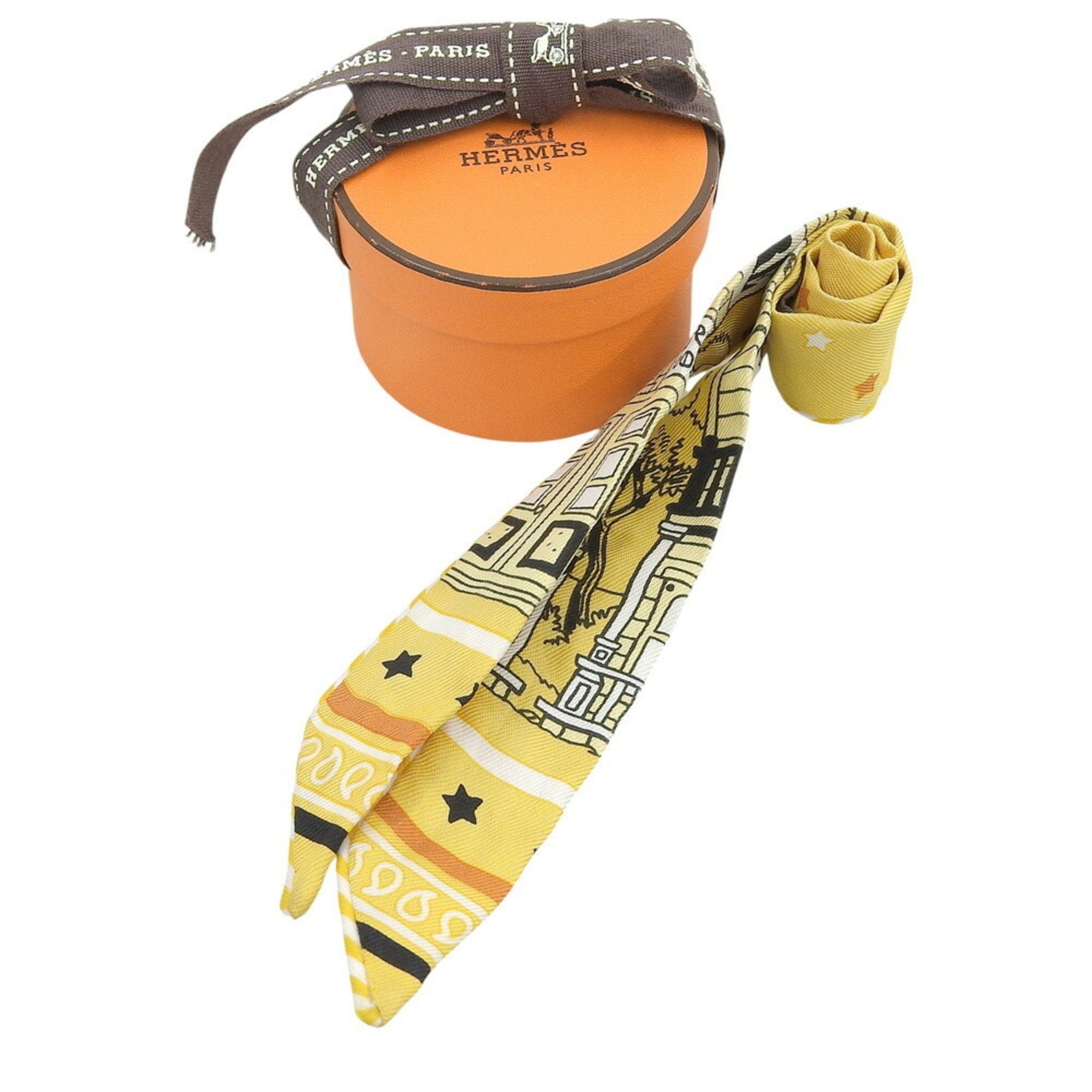 Hermes Hermès Twilly Doll Yellow Candy Paris Station Scarf Muffler Silk Mir Camel Black