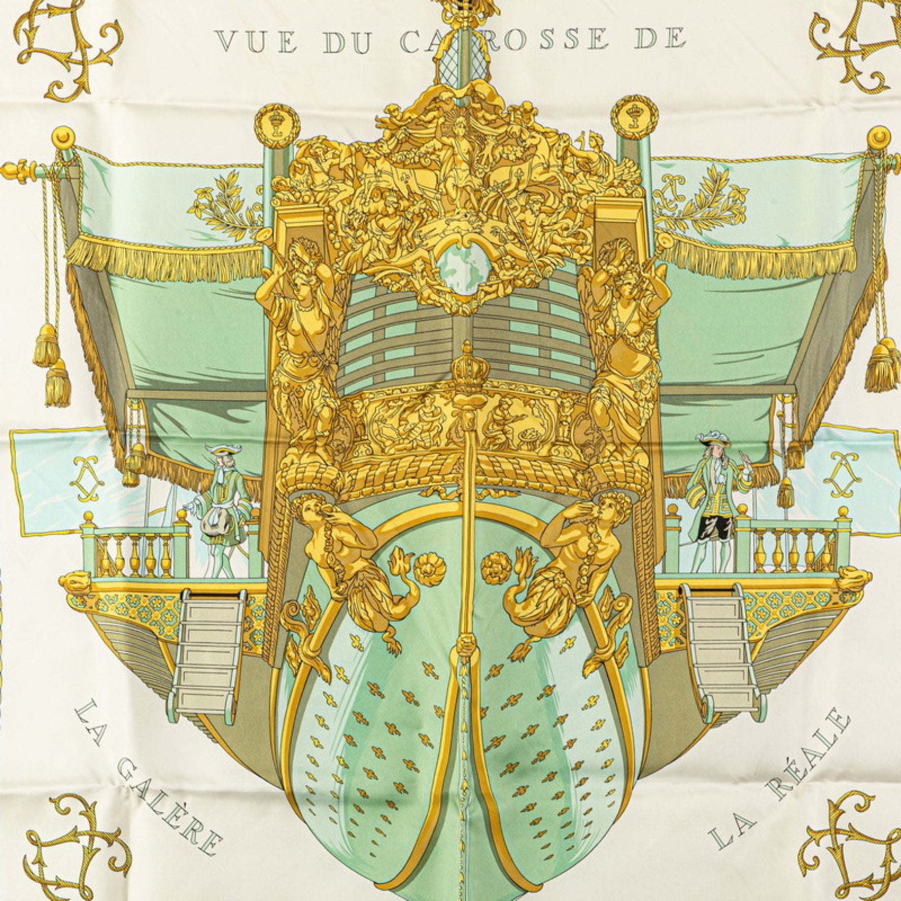 Hermes Hermès Carré 90 "VUE DU CAROSSE DE LA GALERE REALE" Queen's Coronation Scarf, White, Green, Multicolor, Silk