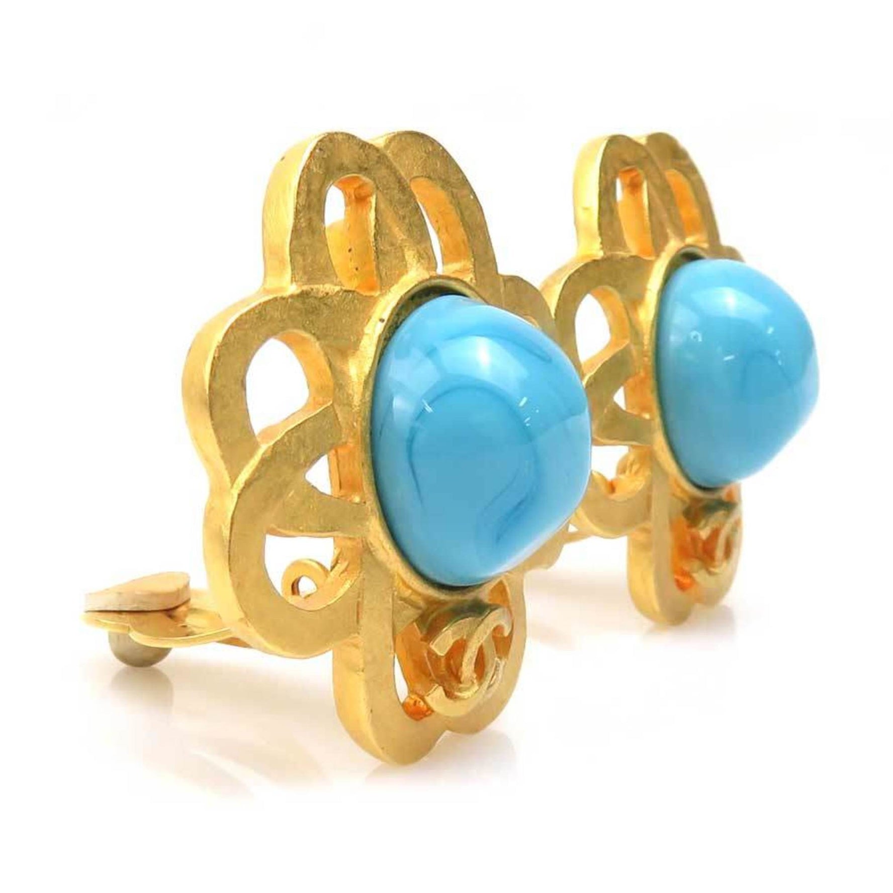 CHANEL Coco Mark Metal Stone Earrings in Gold and Blue