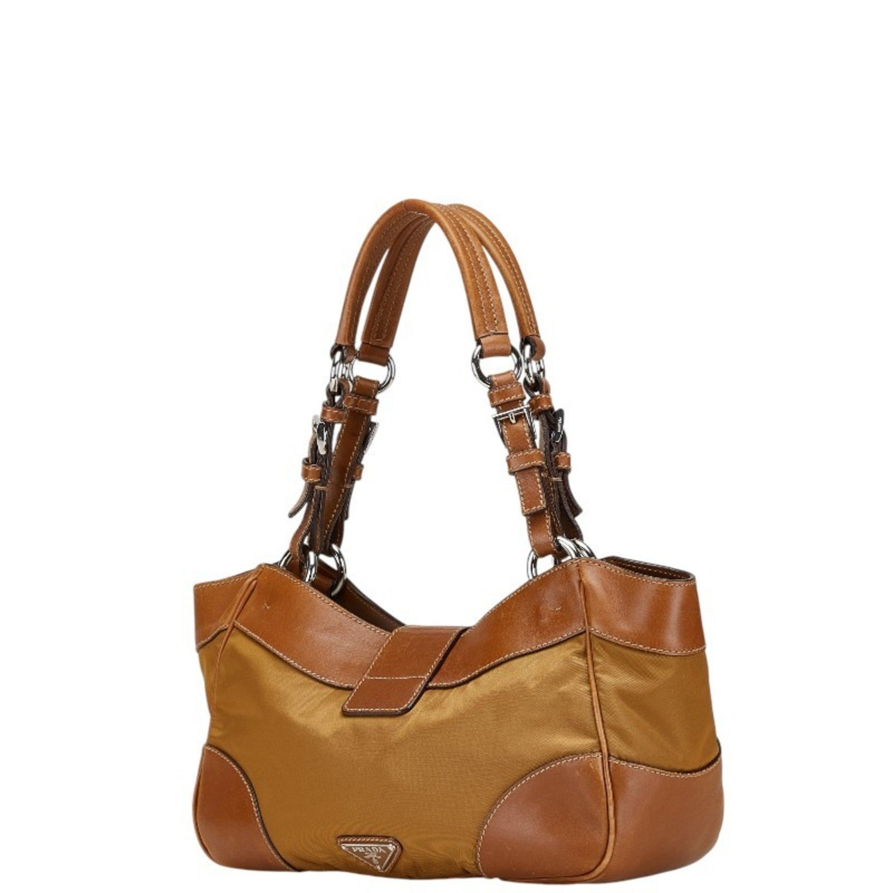 Prada Triangle Logo Plate Handbag Shoulder Bag Nylon Leather