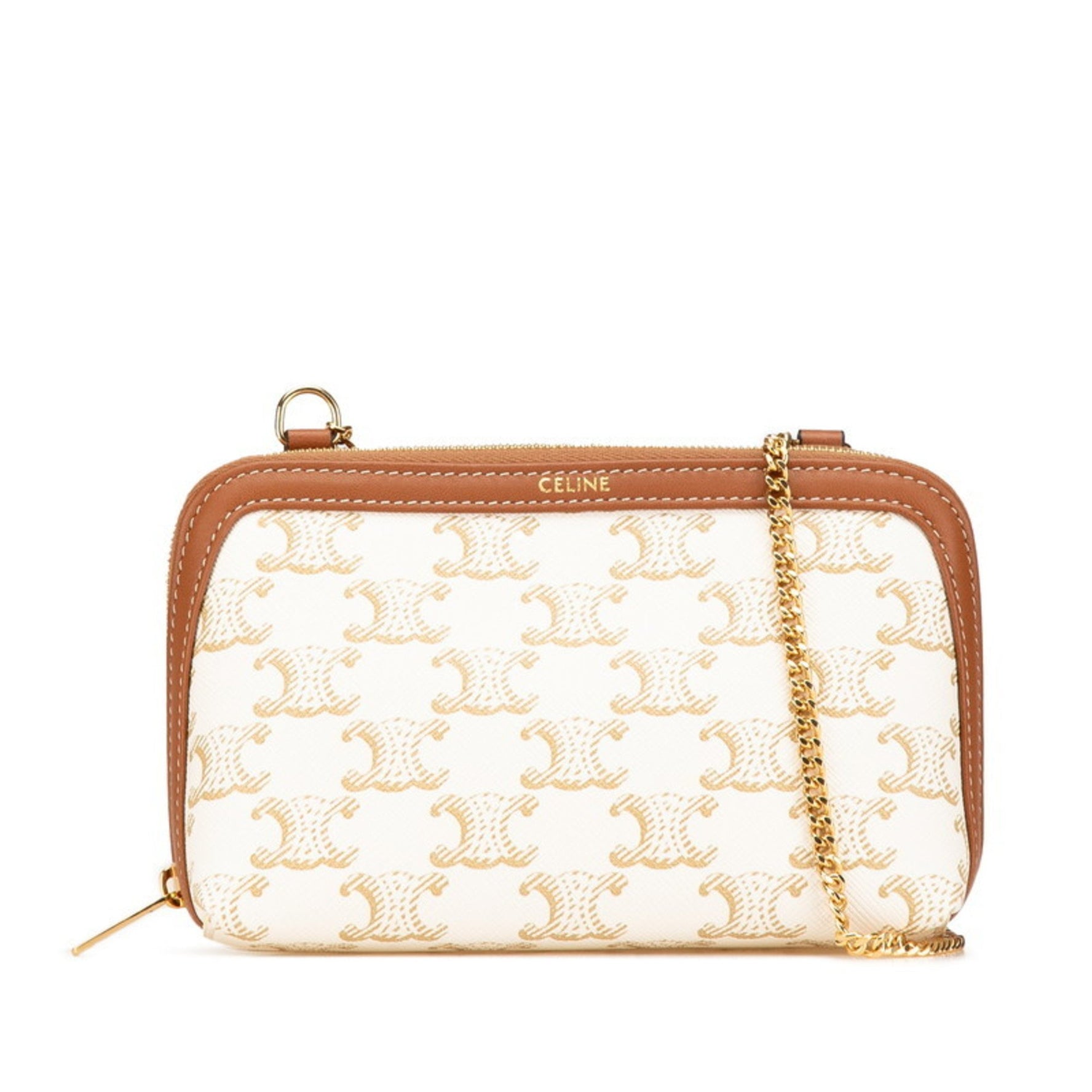 Celine Triomphe Chain Crossbody Shoulder Bag White Brown PVC Leather