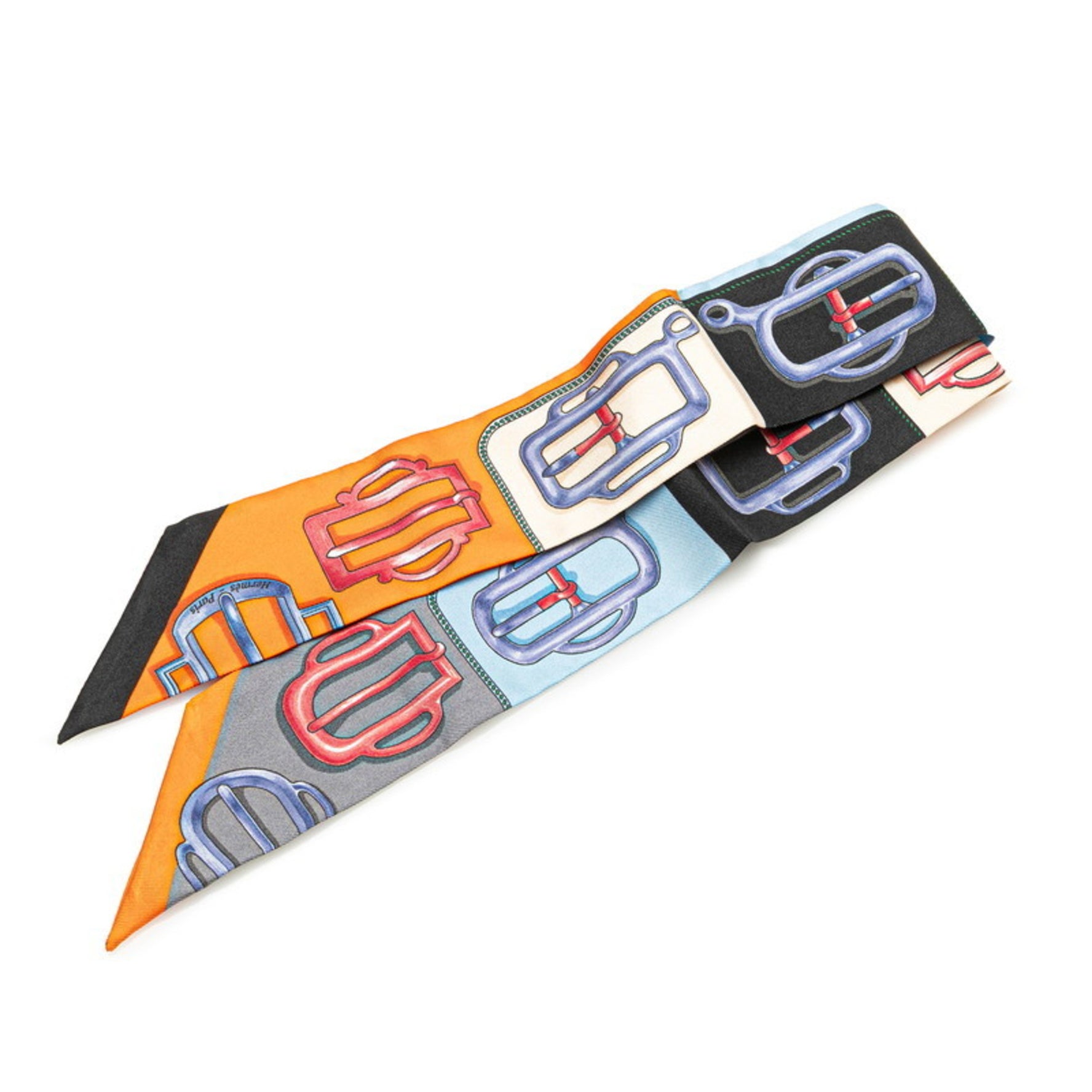 Hermes Twilly Attelage Buckle Scarf Muffler Orange Multicolor Silk