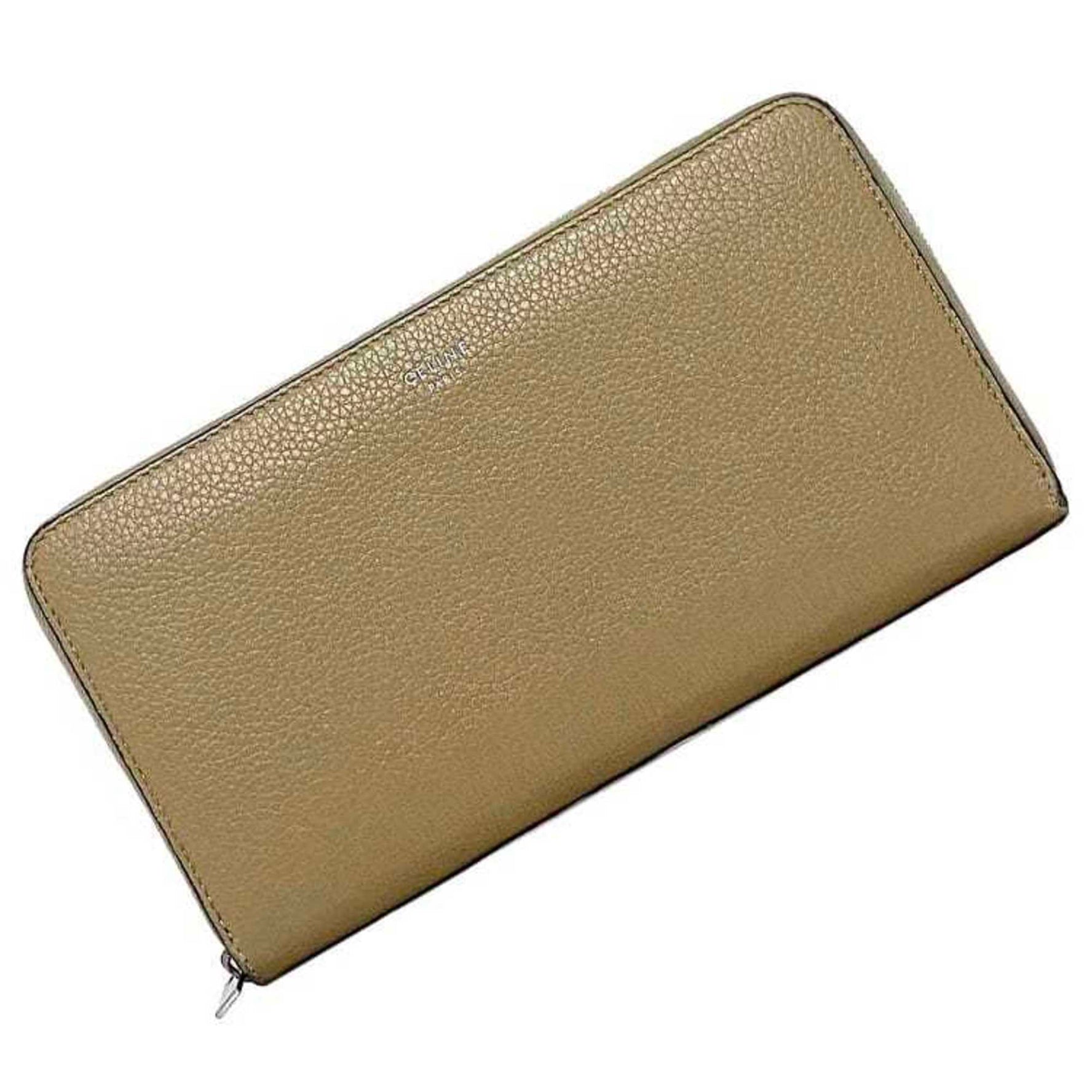 CELINE Round Long Wallet Beige Red Silver Leather Zip Ladies