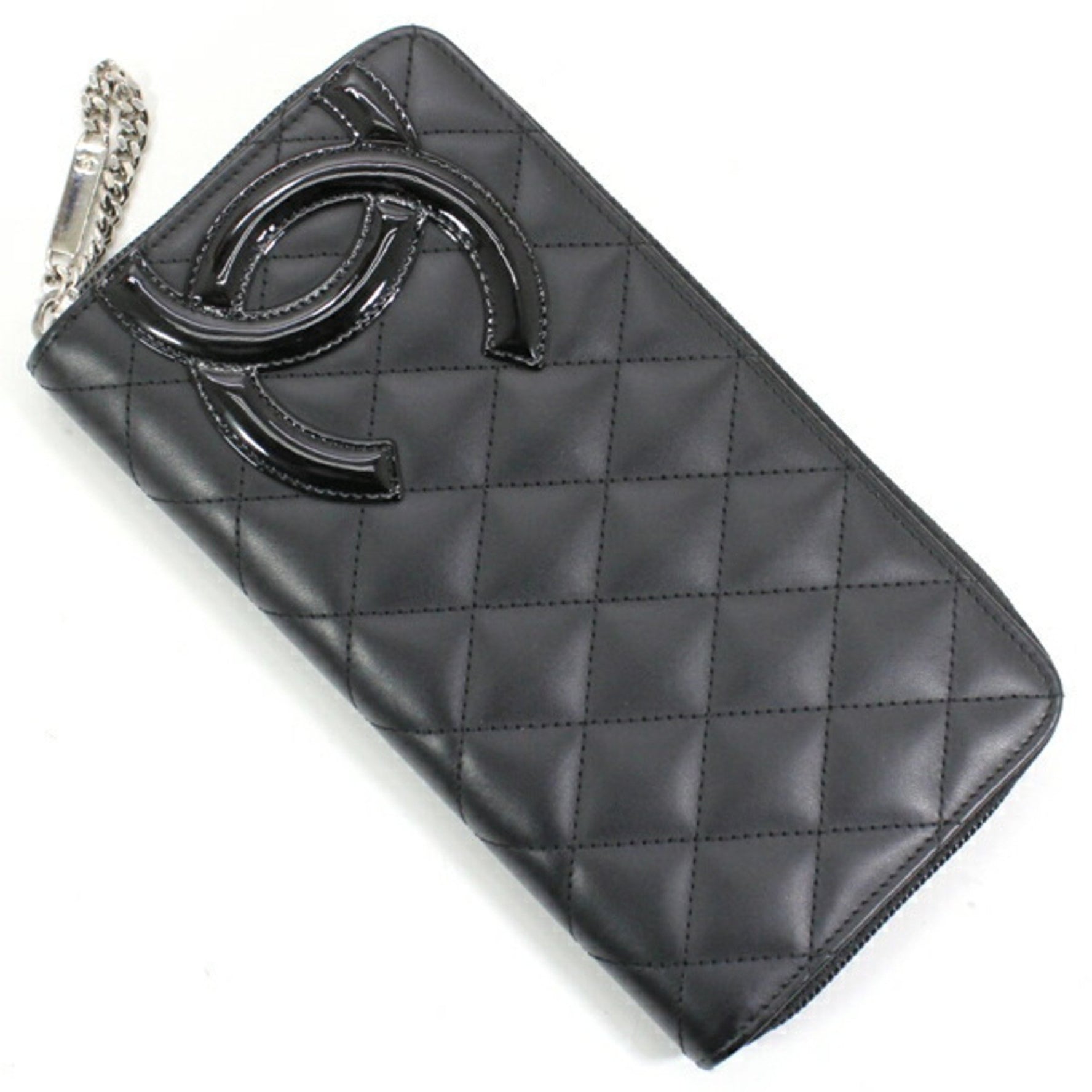 Chanel Long Wallet Cambon Line Calf Leather Enamel Black Pink Round Matelasse Coco Mark Quilted Coin Purse Zip