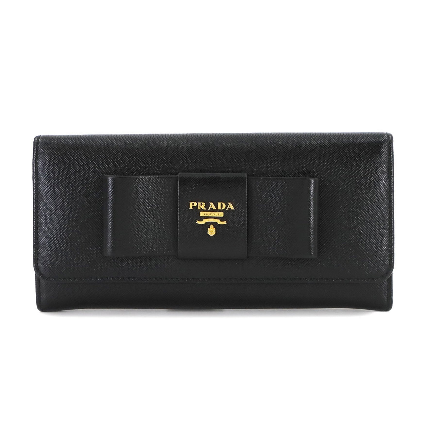 Prada Ribbon Bifold Long Wallet in Black Saffiano Leather with Gold Hardware, 1M1132