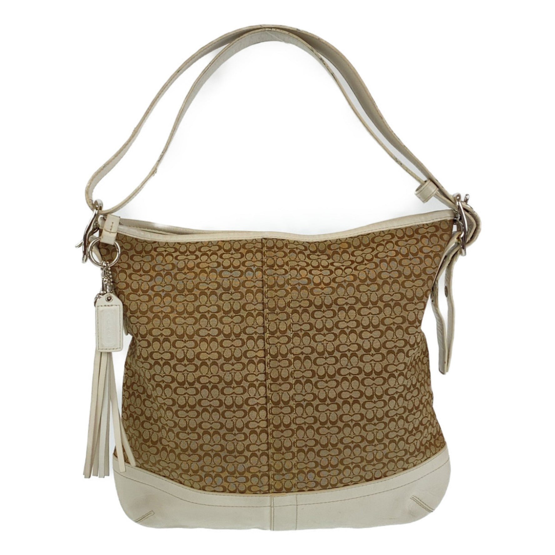 COACH Signature Beige White Silver Hardware Leather Canvas Shoulder Bag Crossbody