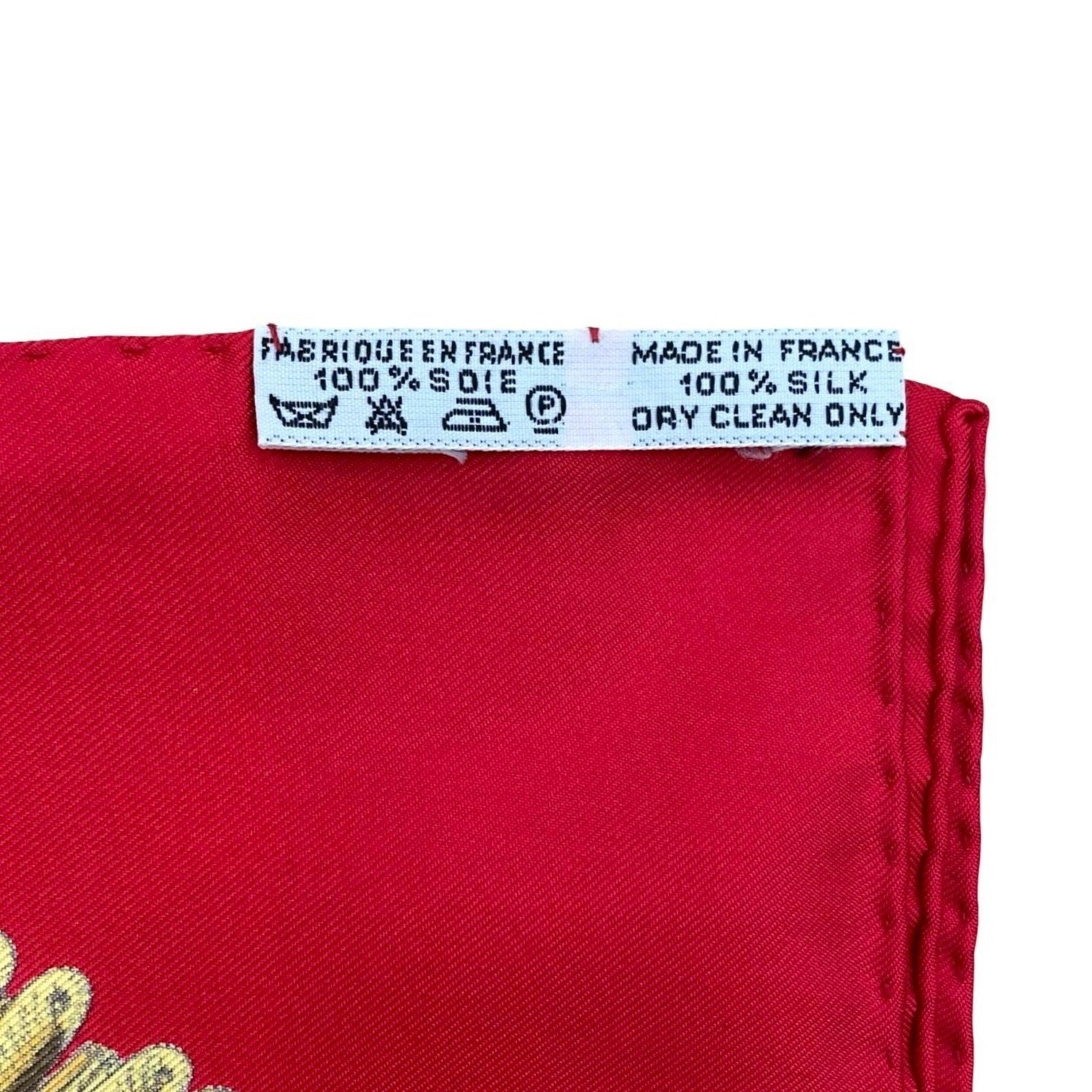 Unused, stored HERMES Carré 90 "Poste et Cavalerie" sabre-adorned silk scarf/muffler in red and white