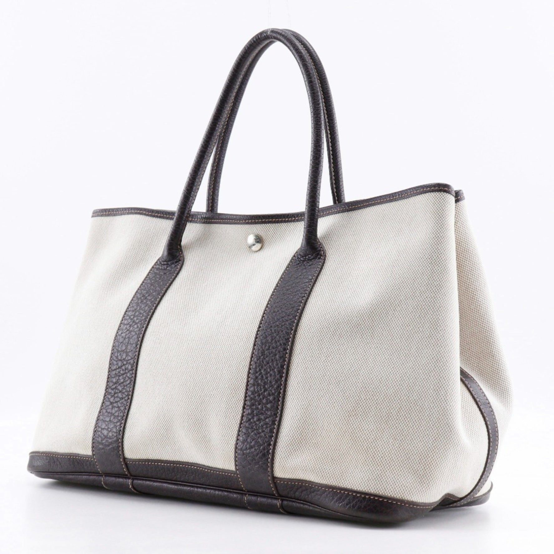 Hermes Garden PM Tote Bag Toile H x Buffle Marron 2004 Beige/Brown □H Snap Button Party