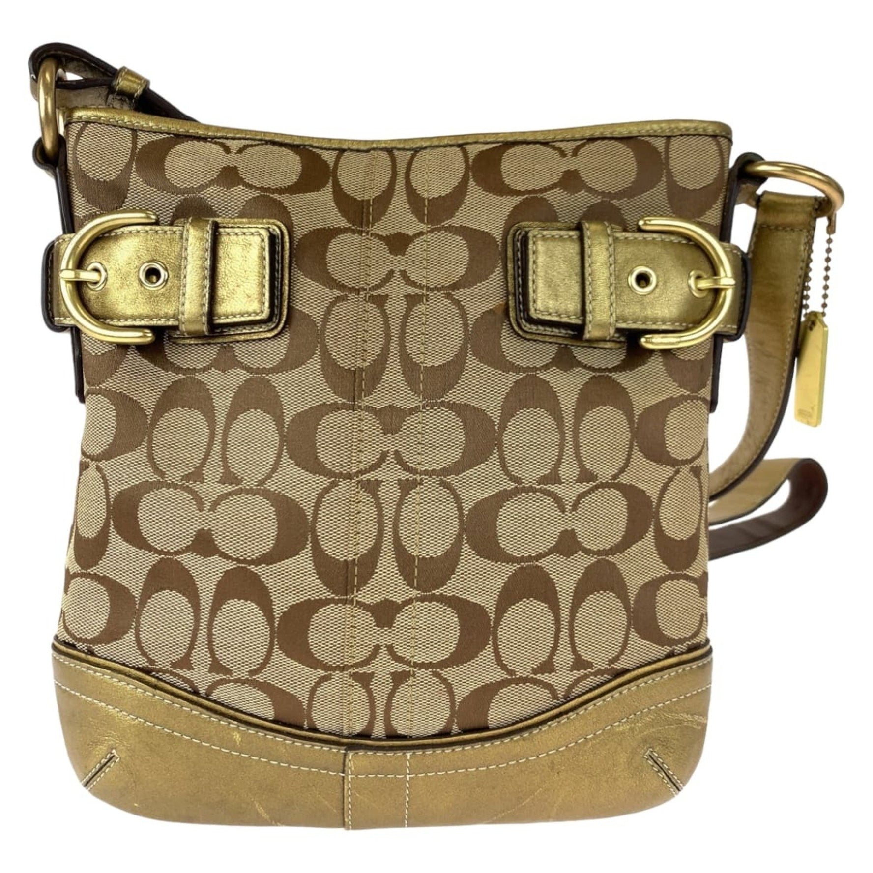 COACH Signature Beige Gold Canvas Leather 7090 Shoulder Bag Pochette Crossbody