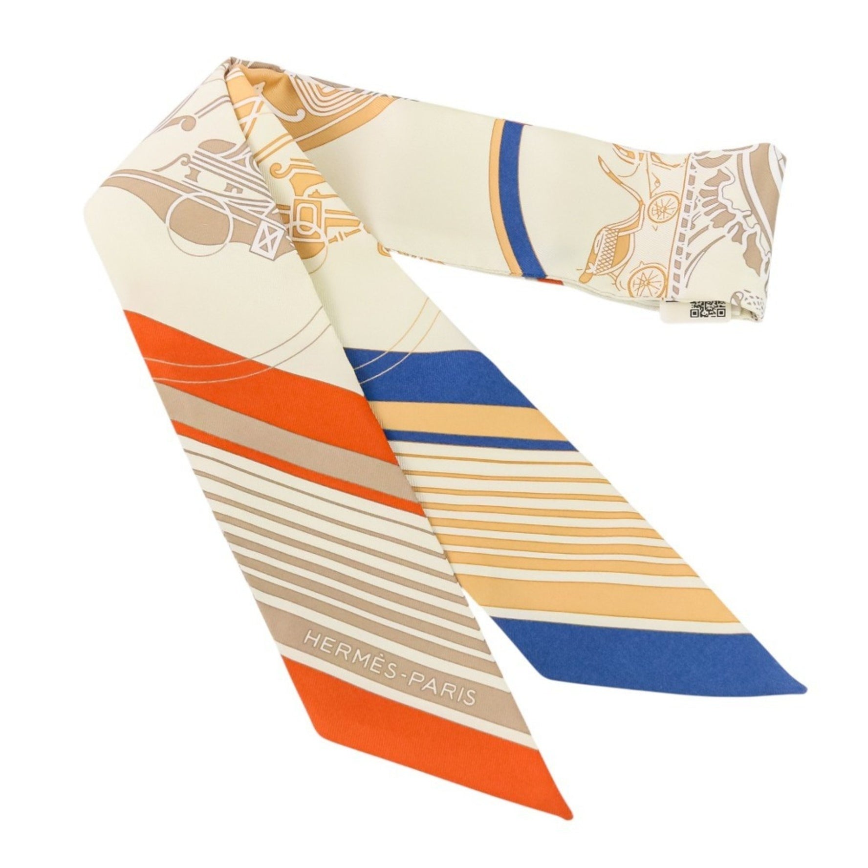 HERMES Ex-Libris Silk Twilly Scarf/Muffler in Cream, Orange, and Beige