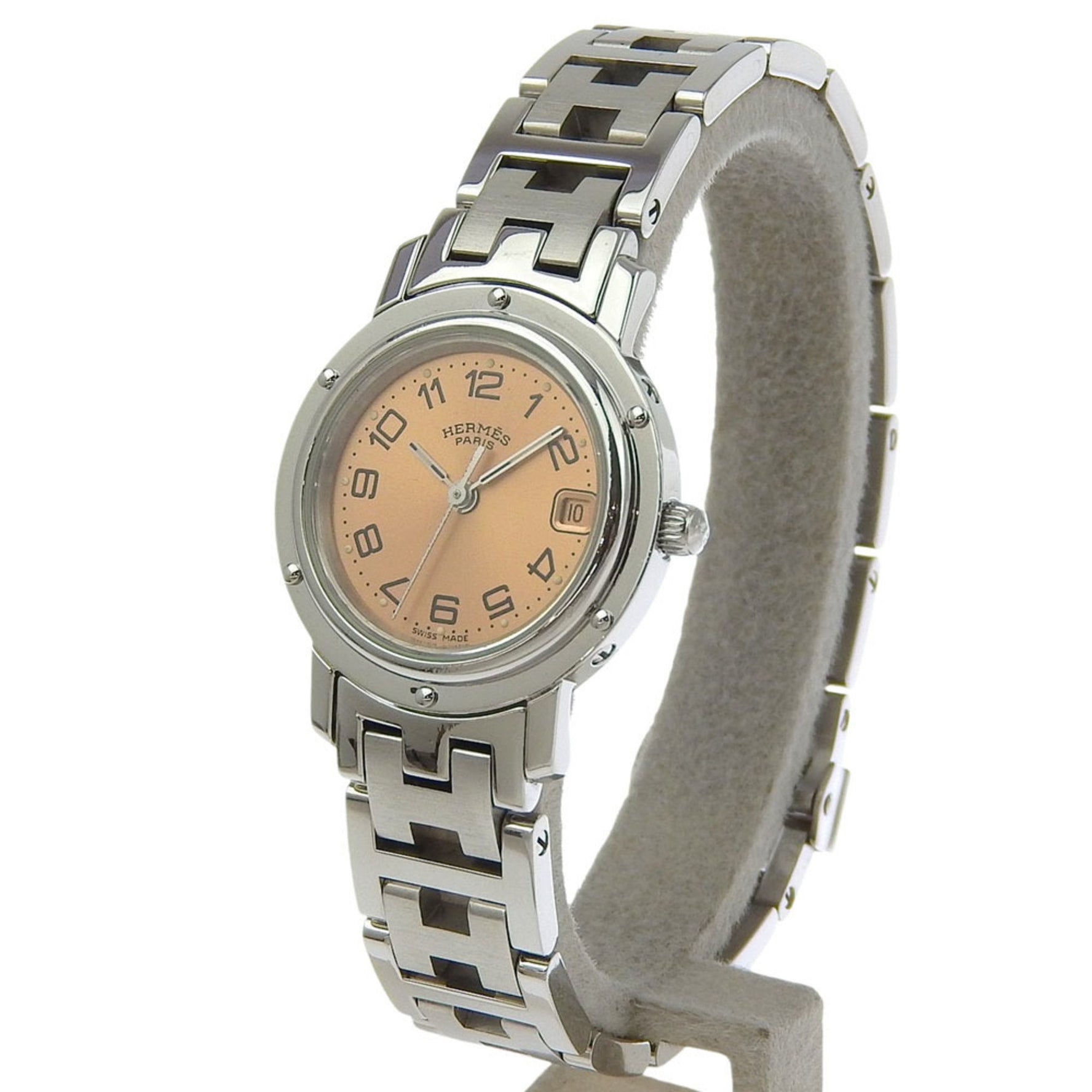 Hermès Clipper Watch Stainless Steel Quartz Analog Display, Pink Dial
