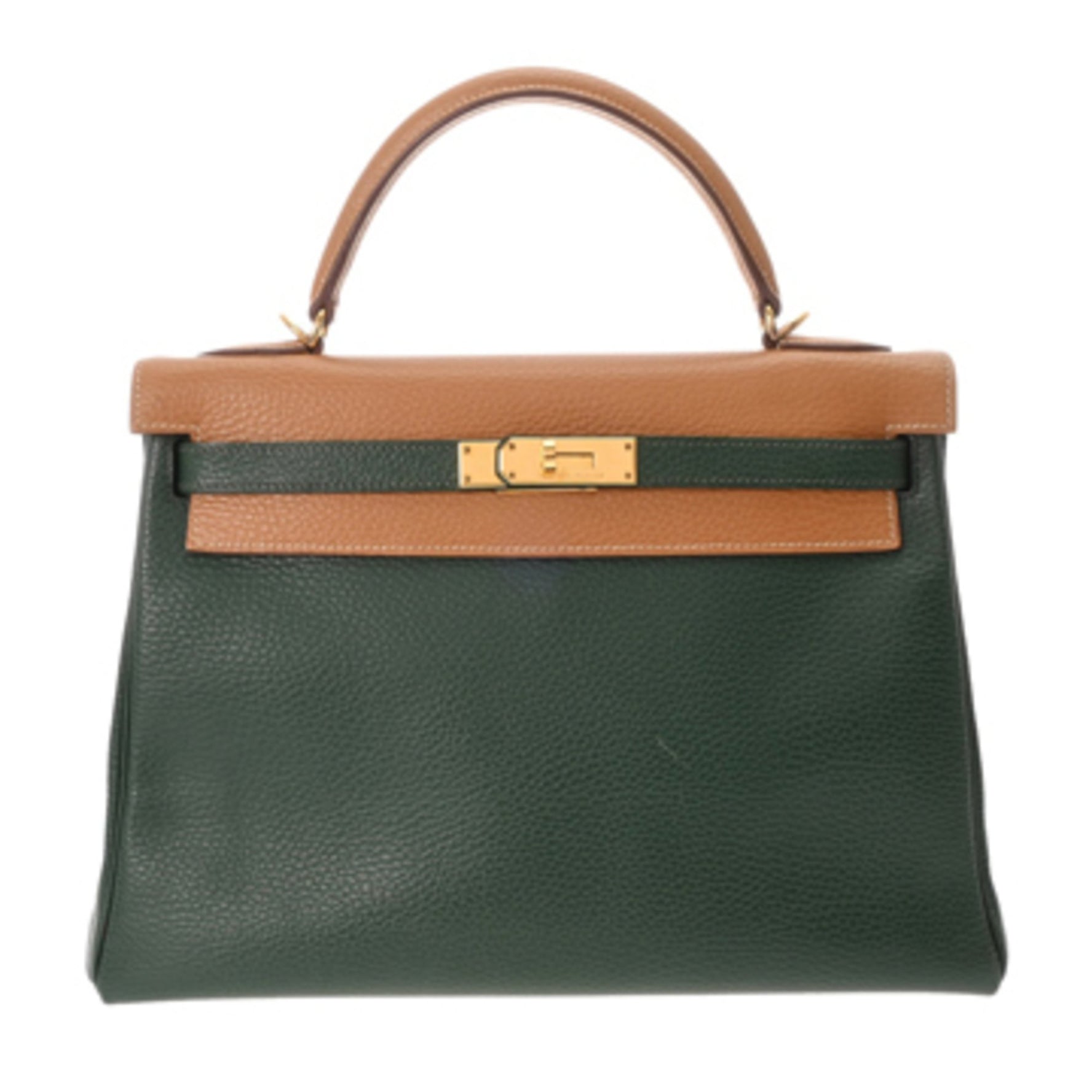 HERMES Kelly 32 Inner Stitching Bicolor Natural/Green F Stamp (around 2002) Ardennes Handbag