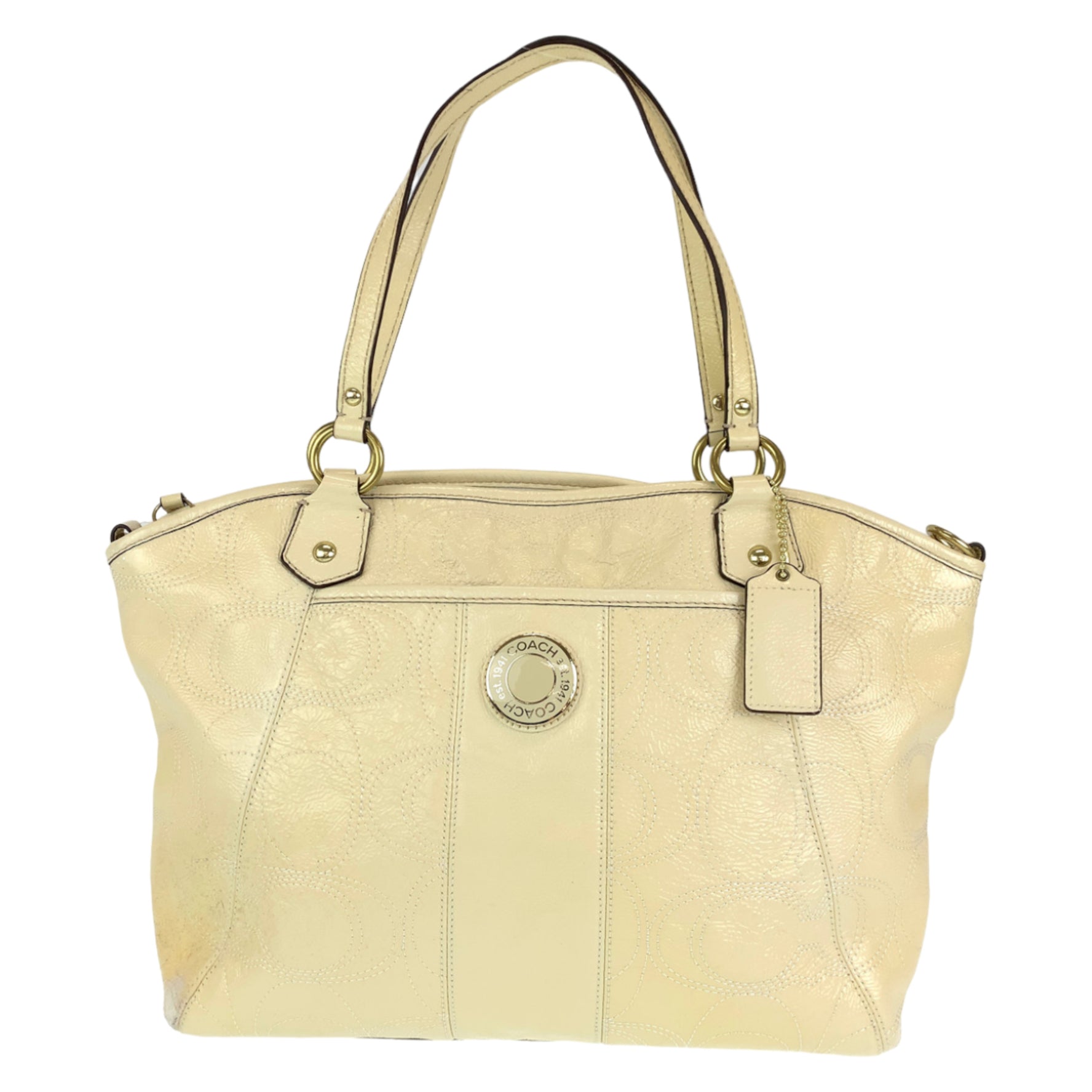 COACH Signature Cream Beige Enamel Shoulder Bag Tote Crossbody