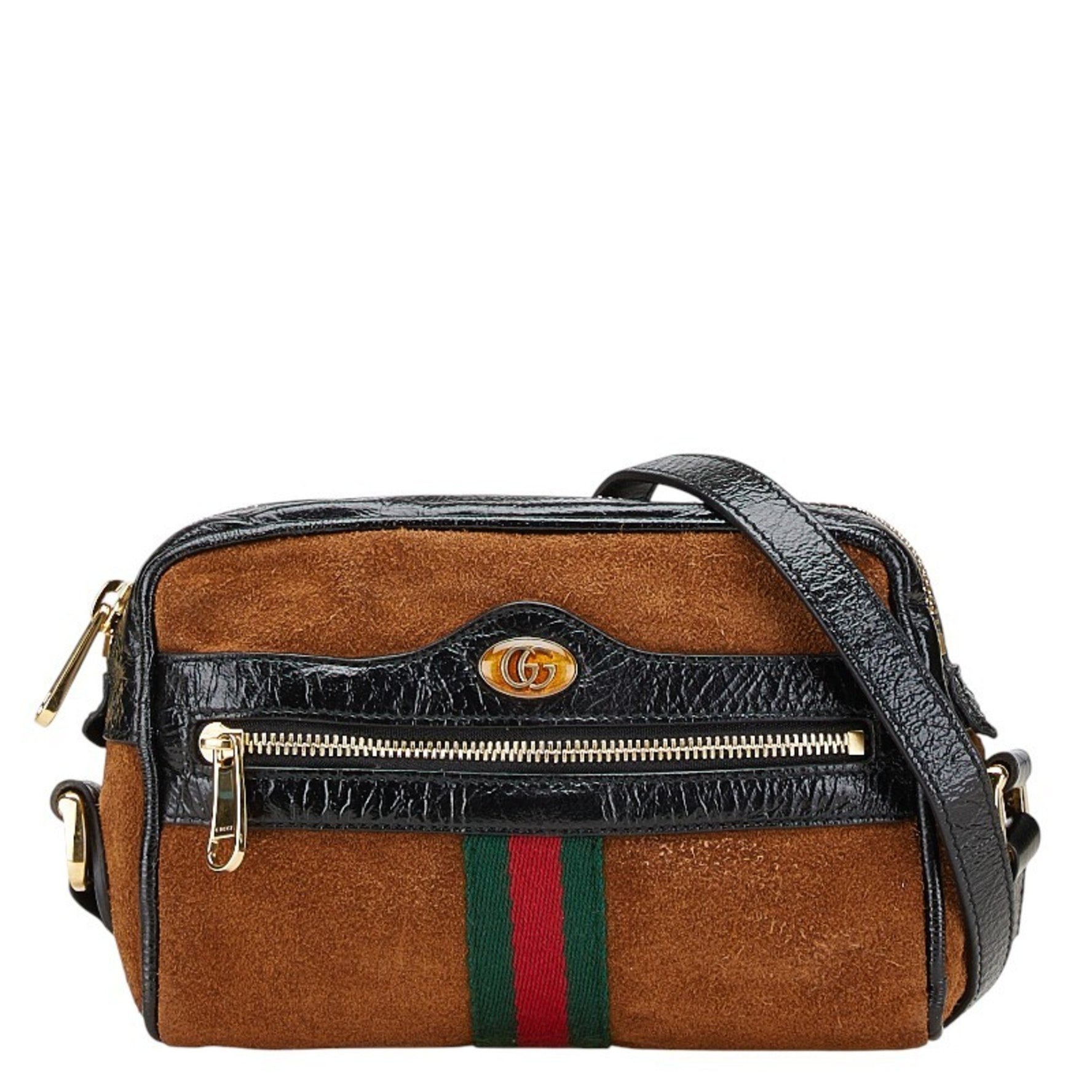 Gucci Shelly Ophidia Shoulder Bag Brown Black Suede Enamel