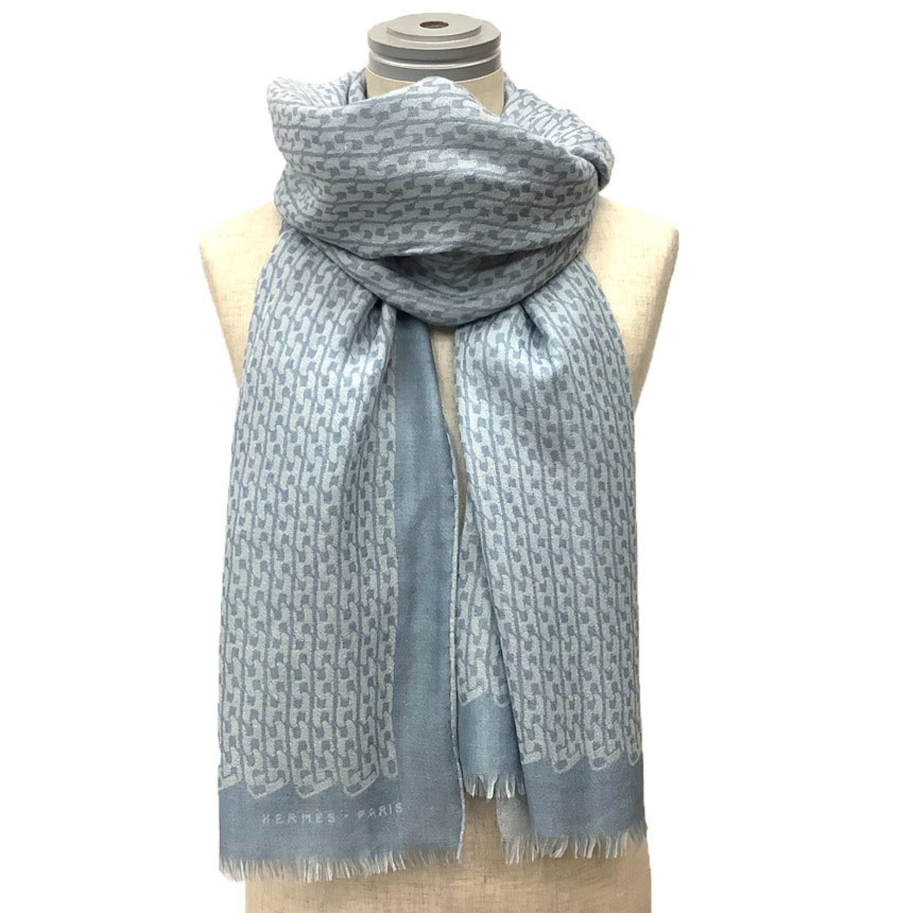 HERMES H pattern scarf shawl cashmere silk light blue men women unisex