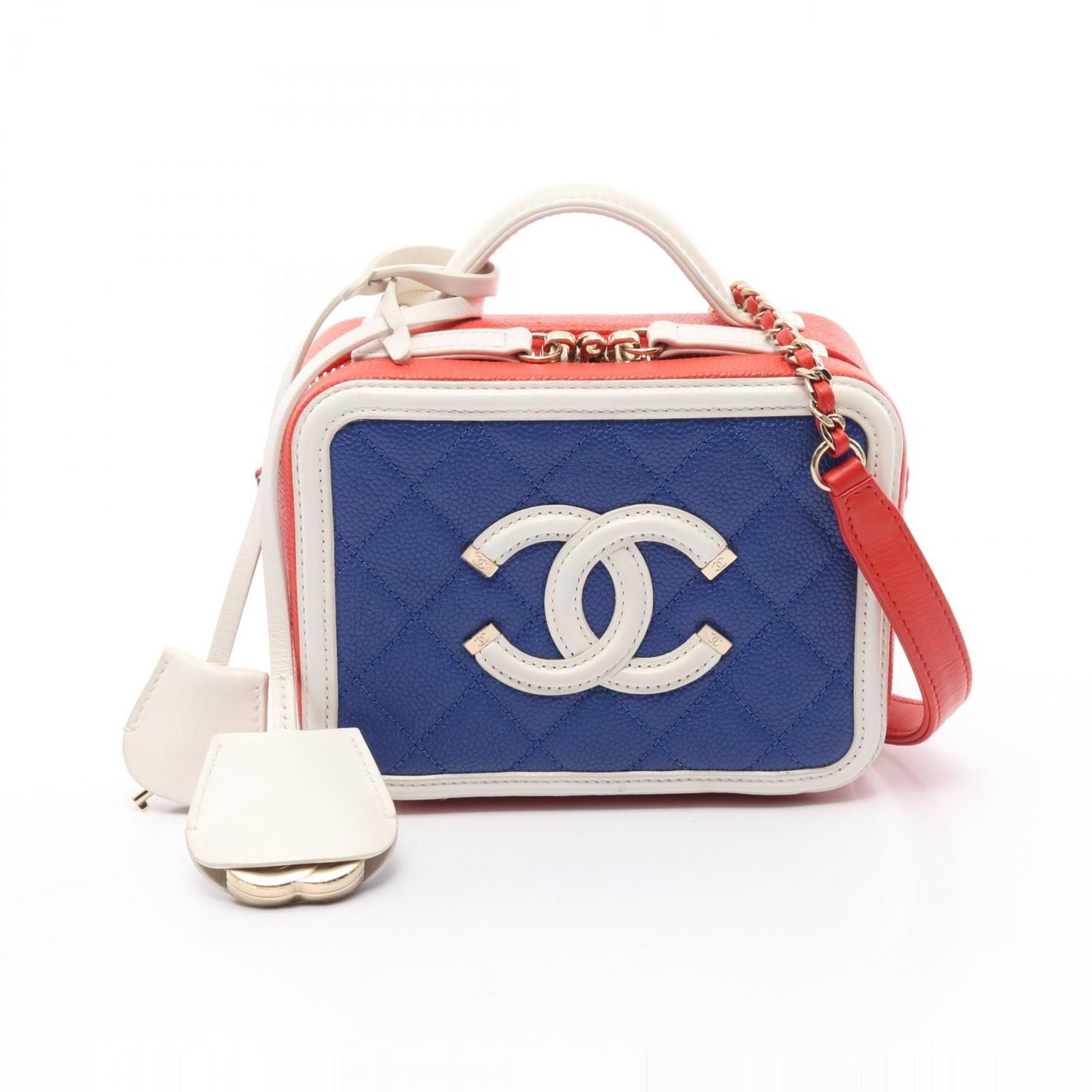 Chanel CC Filigree Small Vanity Bag, Shoulder Grained Calfskin Leather, Blue, Red, White