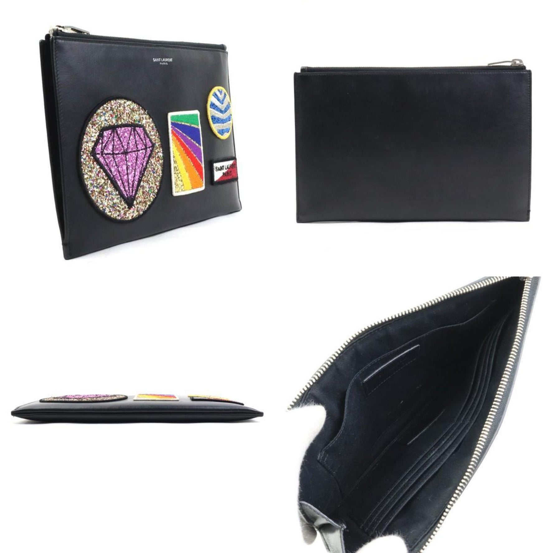 Saint Laurent Clutch Bag Leather Black Multicolor Men's