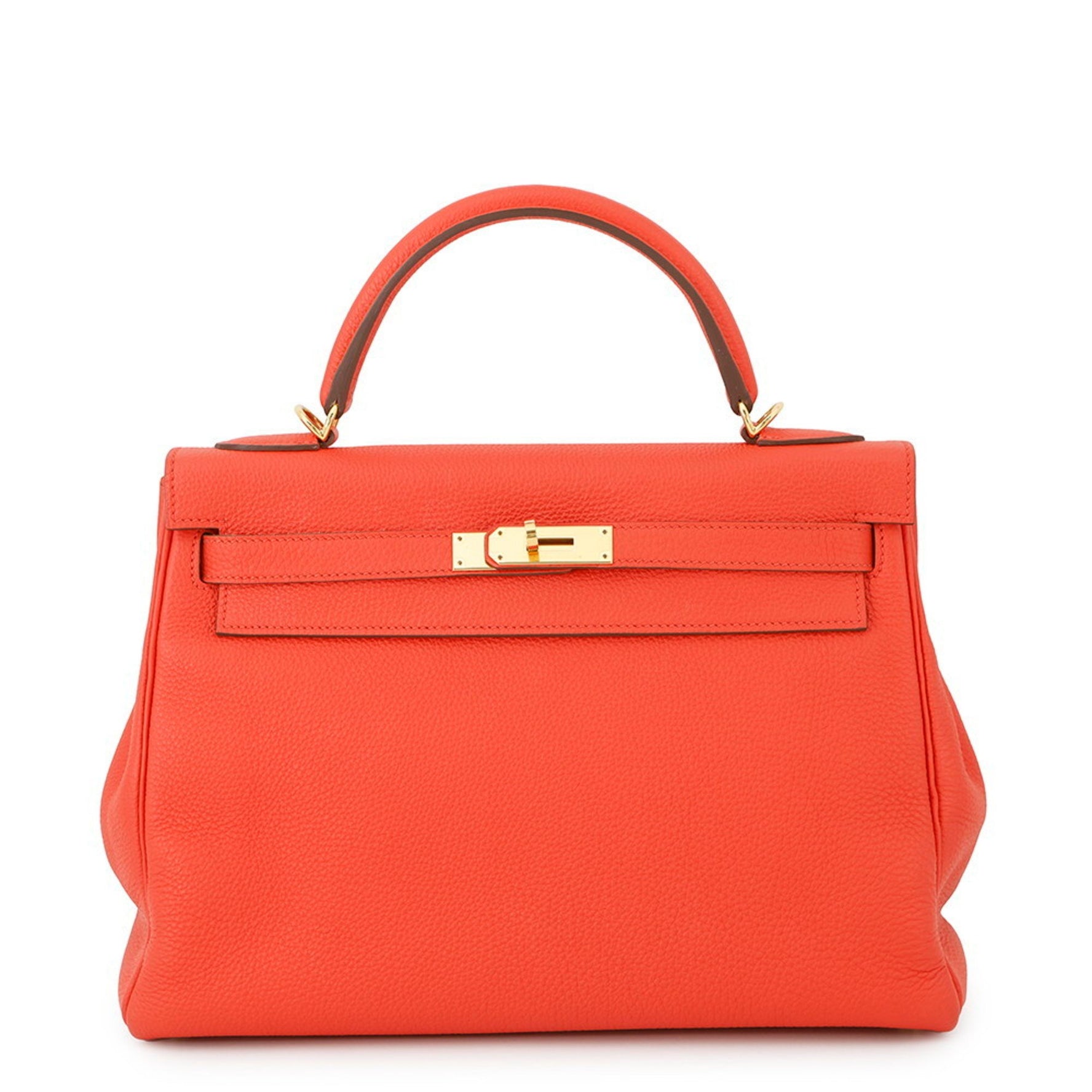Hermes Hermès Kelly 32 handbag, inlaid with orange poppy and Taurillon Clemence leather, featuring a T-stamp 2-way shoulder strap.