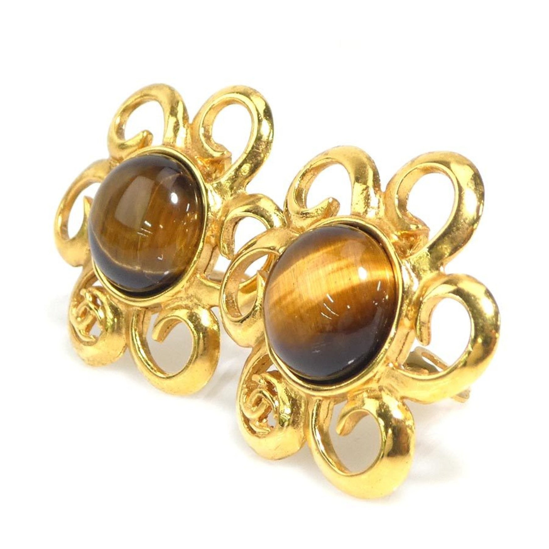 CHANEL Earrings Coco Mark Metal Glass Stone Gold Brown