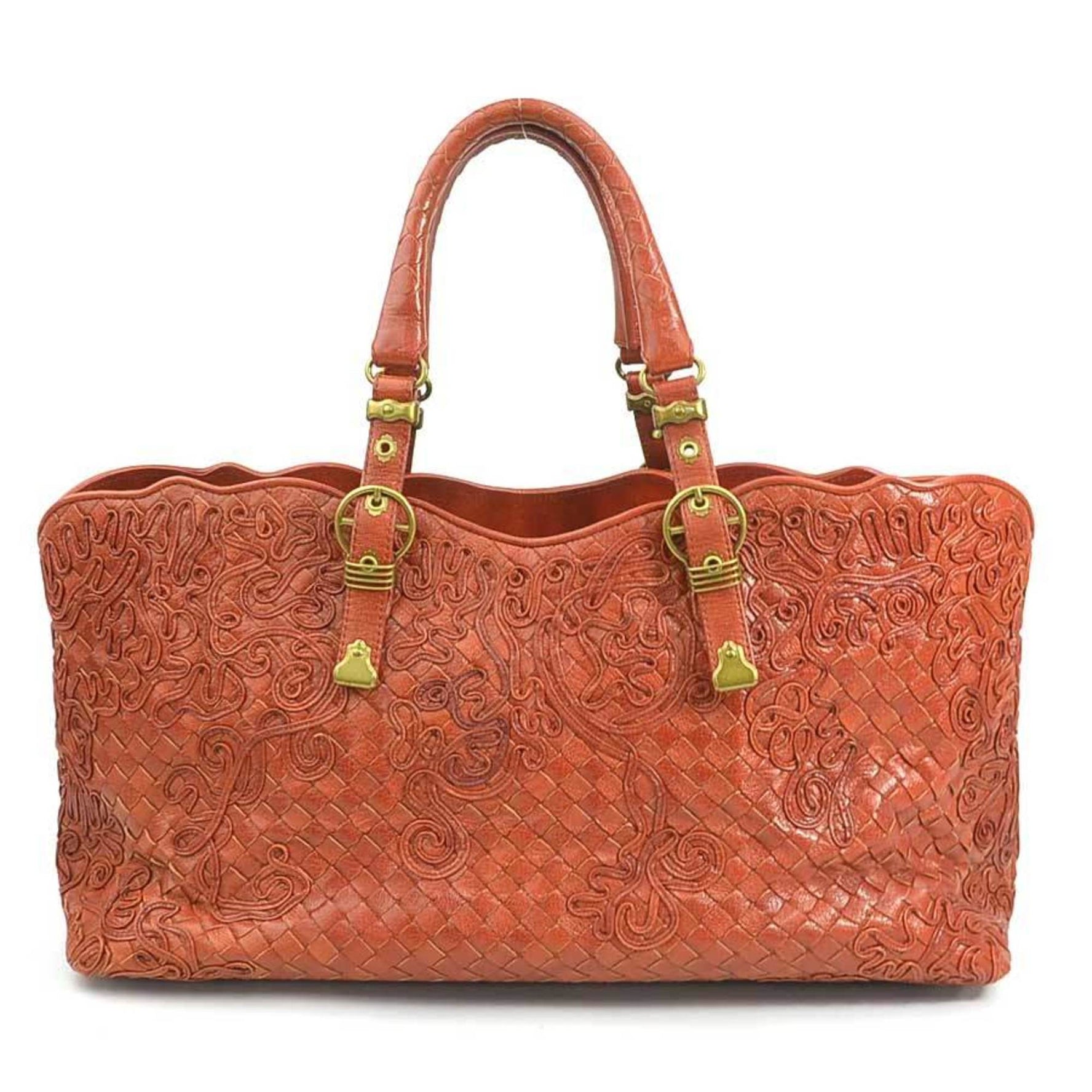 Bottega Veneta Intrecciato Leather Handbag in Orange Brown and Gold