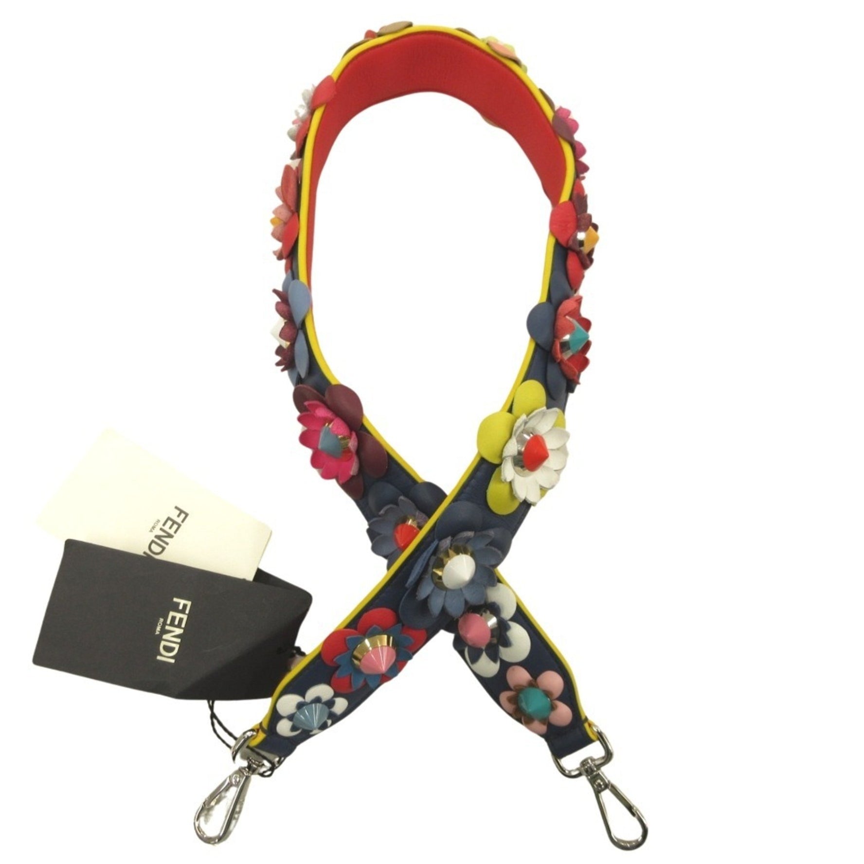 FENDI Flower Studs Strap You Webbing Shoulder Leather Bag Accessory Multicolor