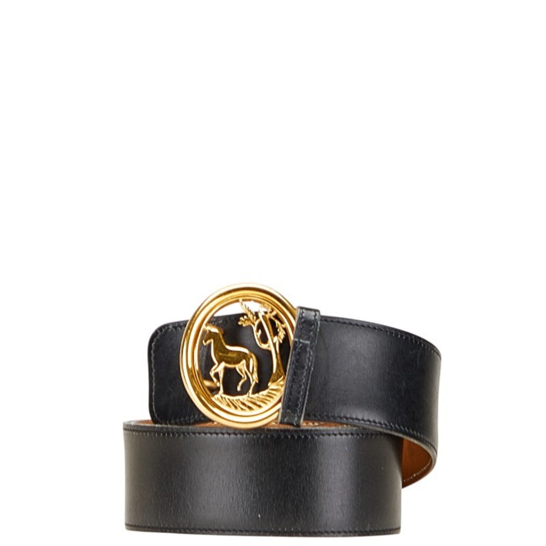 Hermes Horse Buckle Belt, Size 80, Black/Brown Leather
