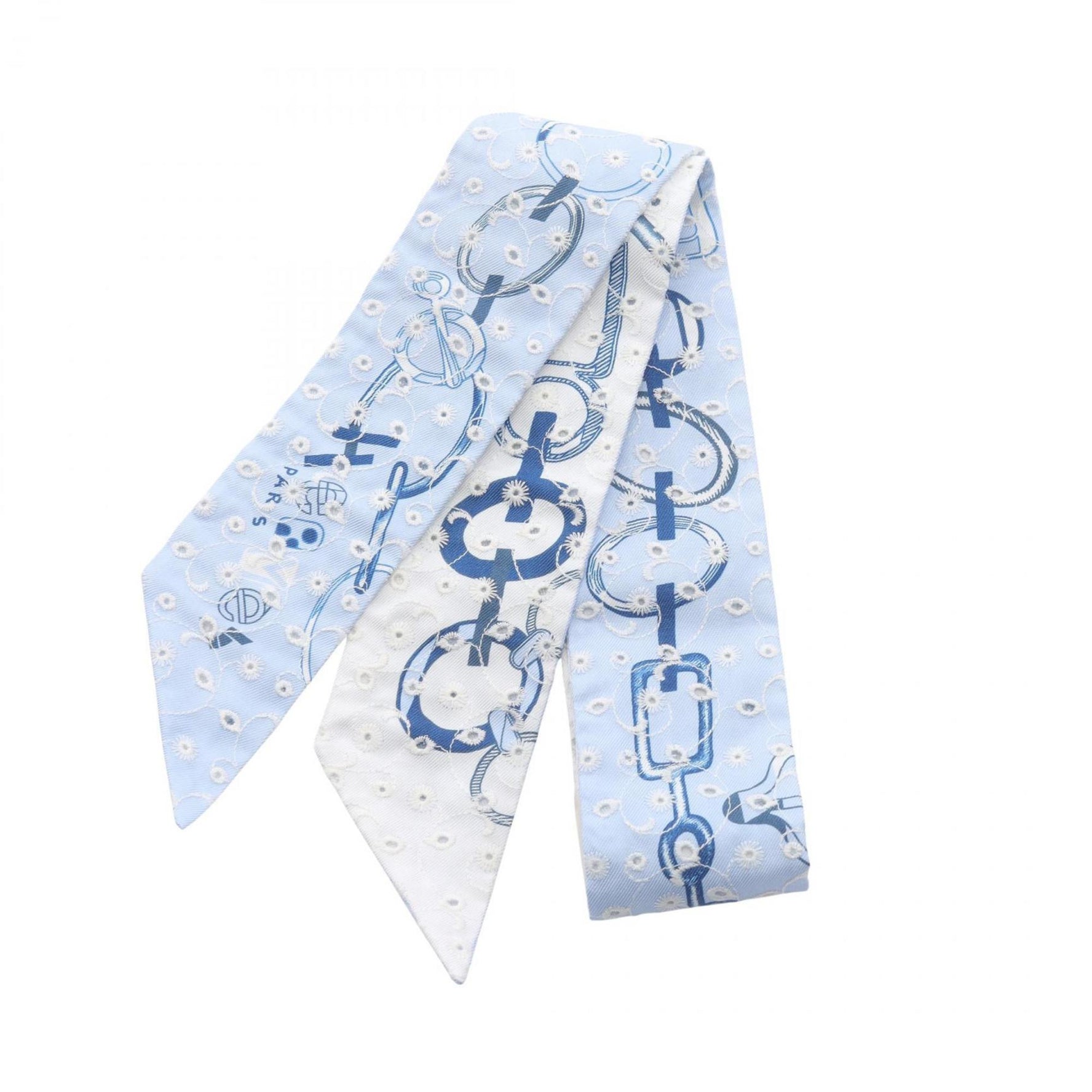 Hermes Hermès Twilly Do Re Boucles Broderie Anglaise Silk Scarf in Blue and Navy